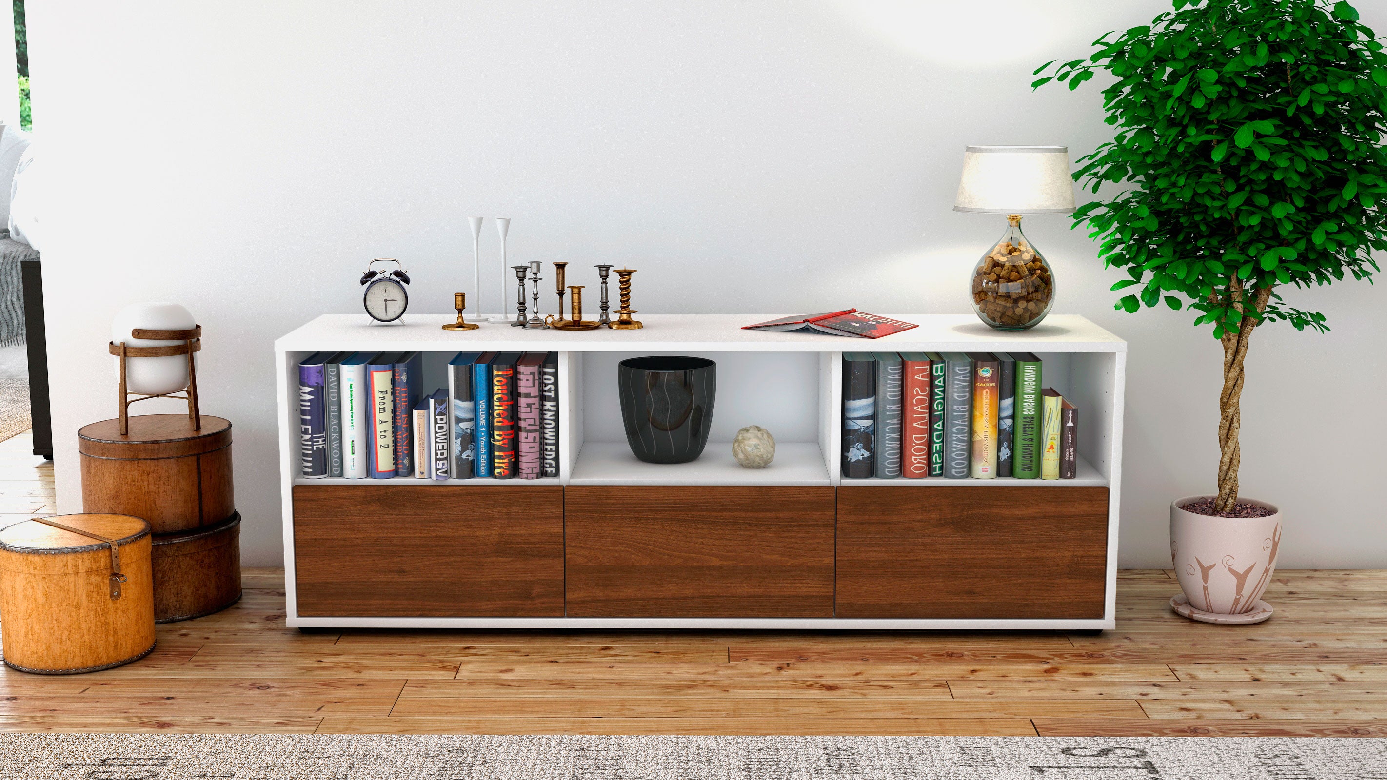 Lowboard - Amalia - Design Holzdekor - Freistehend mit Push to Open 136 cm Weiss