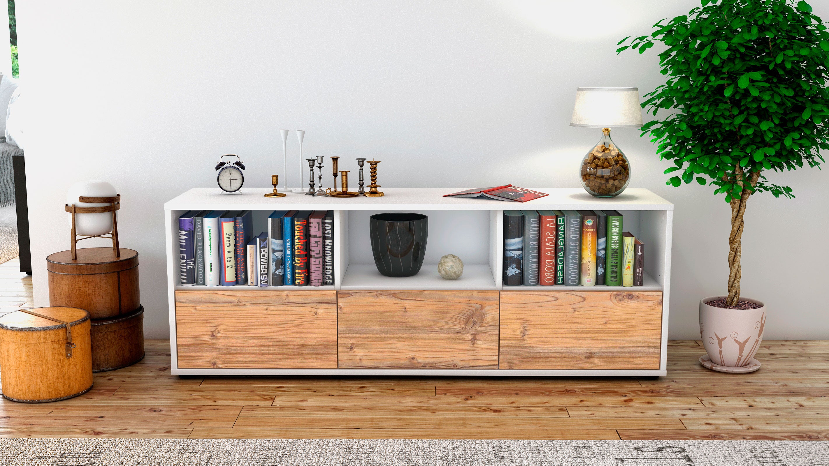 Lowboard - Amalia - Design Holzdekor - Freistehend mit Push to Open 136 cm Weiss
