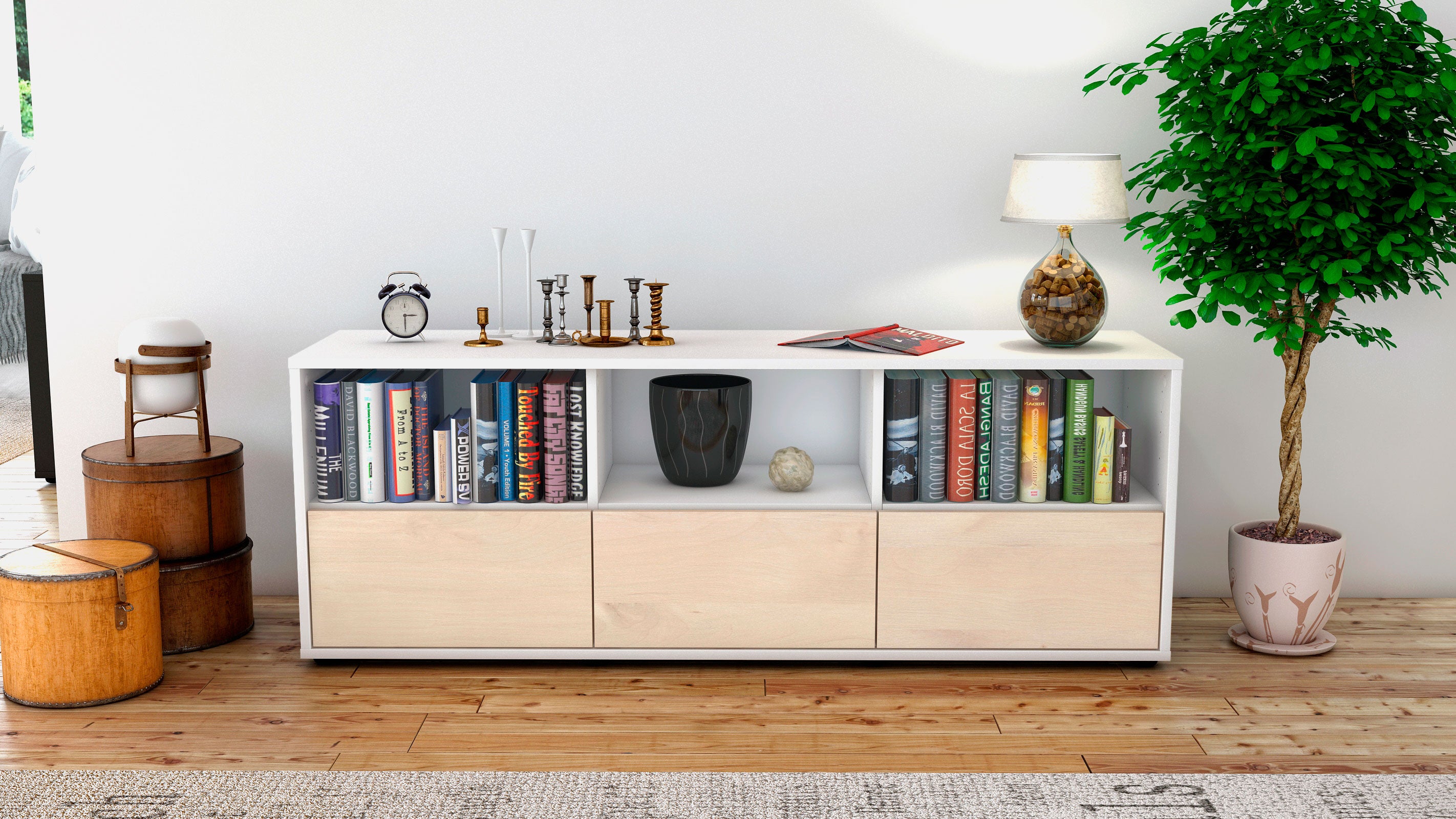 Lowboard - Amalia - Design Holzdekor - Freistehend mit Push to Open 136 cm Weiss