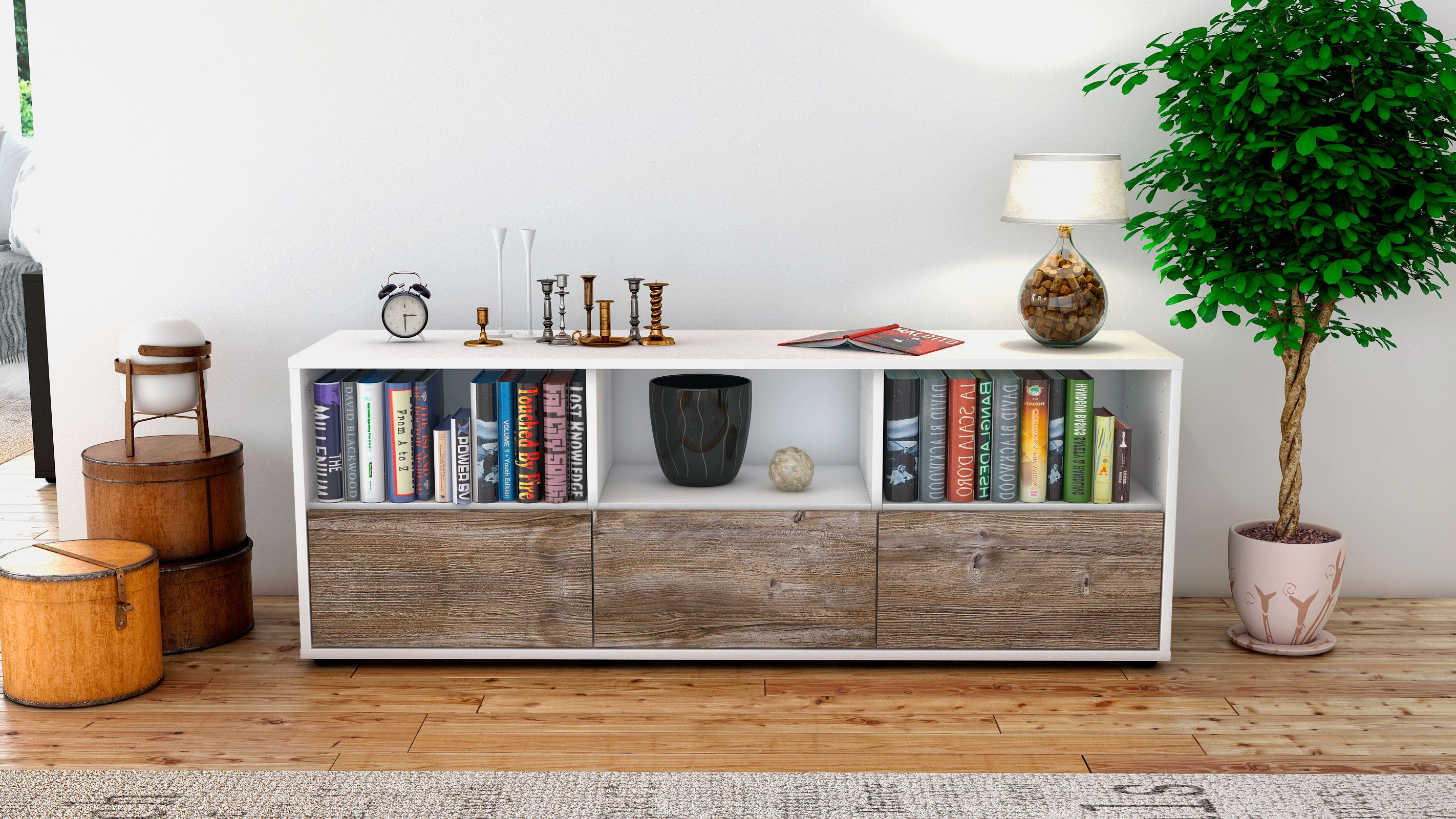 Lowboard - Amalia - Design Holzdekor - Freistehend mit Push to Open 136 cm Weiss