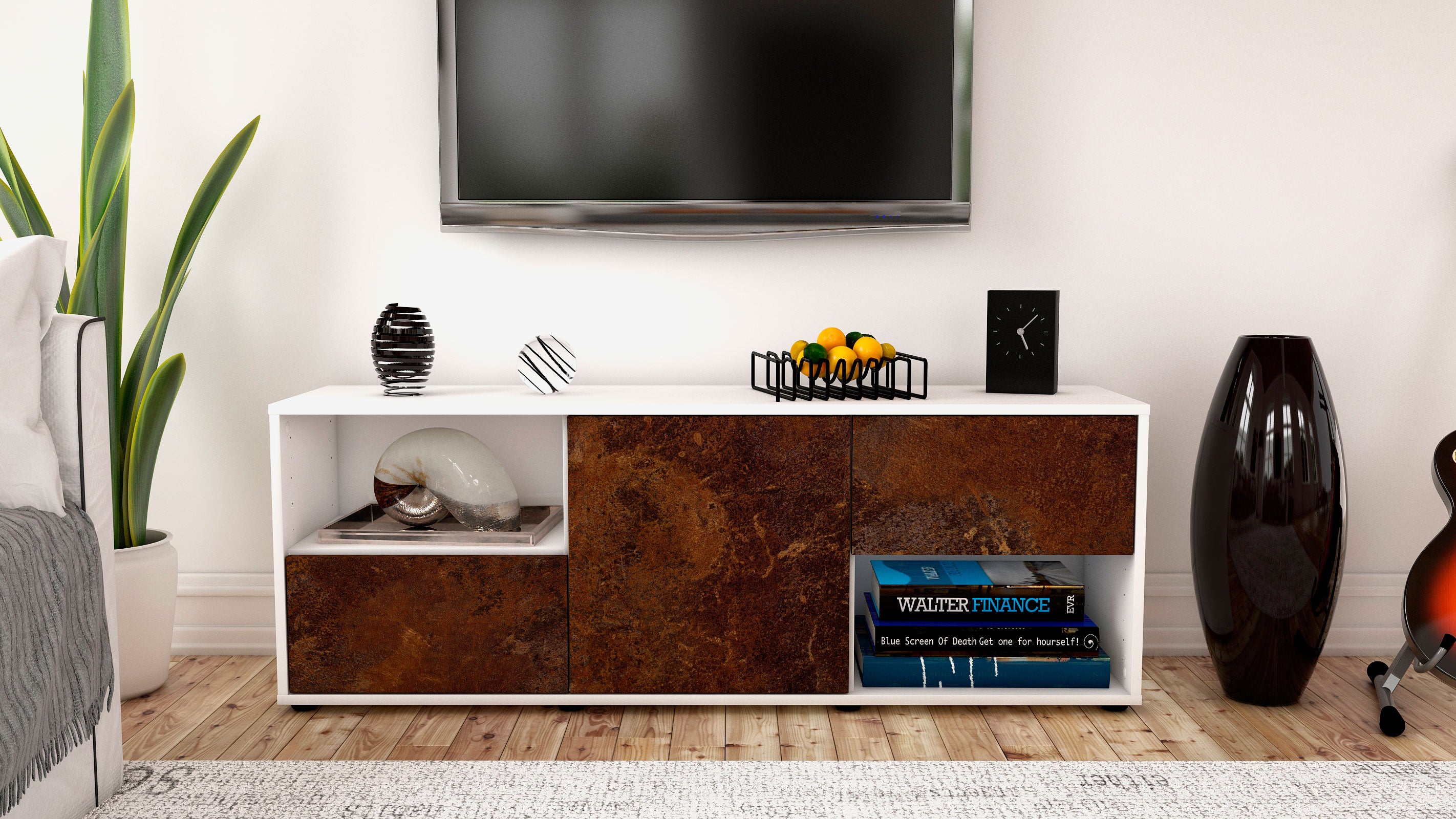Lowboard - Ambra - Design Industrie Stil - Freistehend mit Push to Open 136 cm Weiss