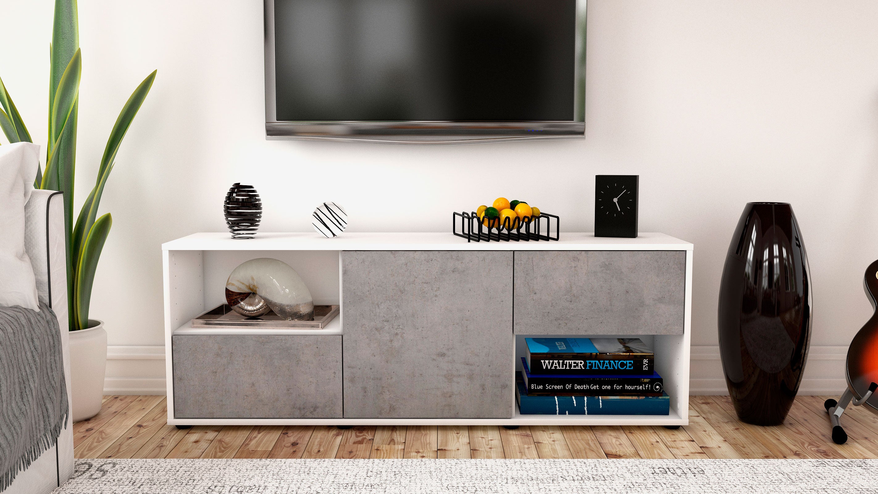 Lowboard - Ambra - Design Industrie Stil - Freistehend mit Push to Open 136 cm Weiss