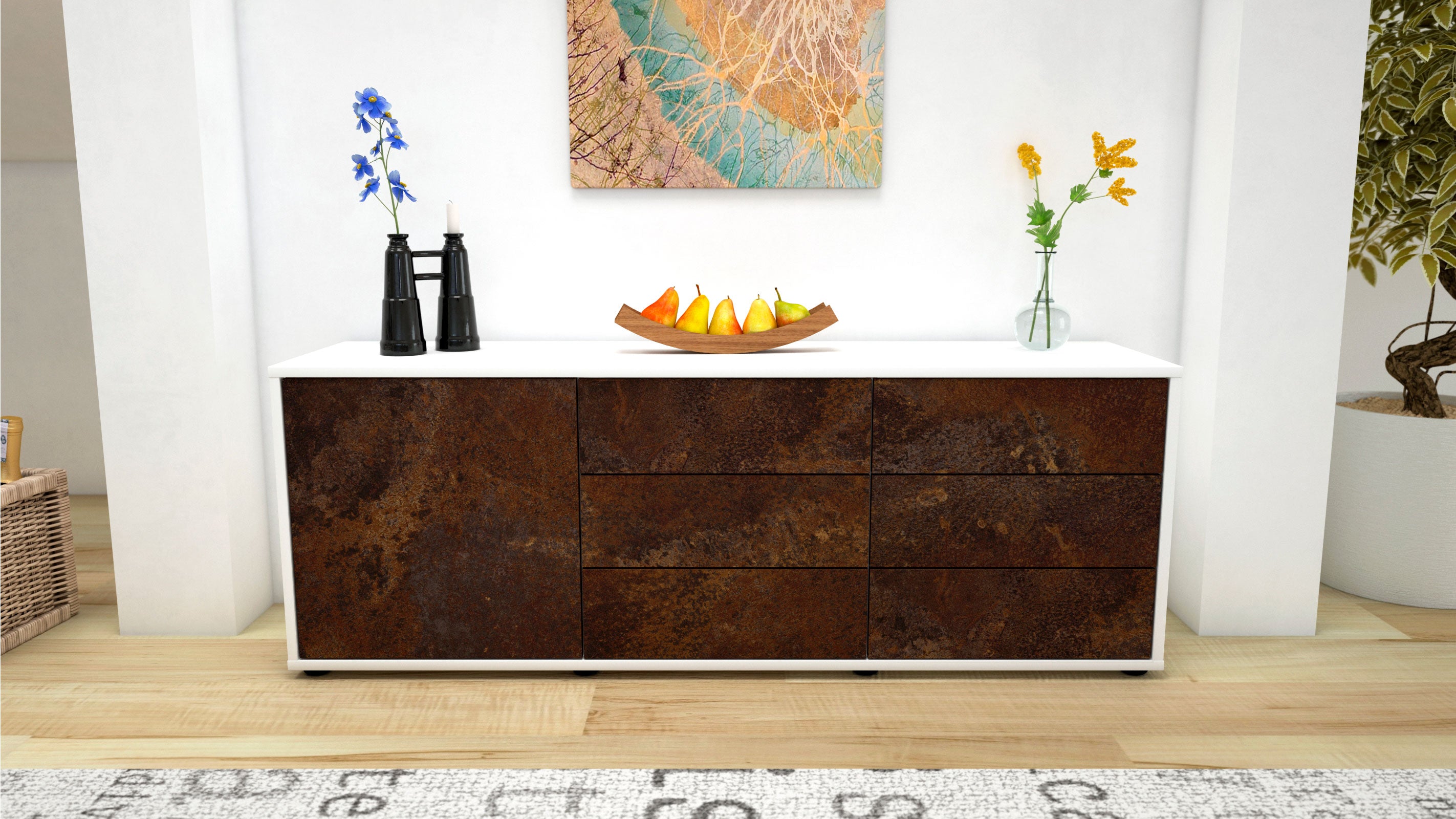 Lowboard - Amedea - Design Industrie Stil - Freistehend mit Push to Open 136 cm Weiss