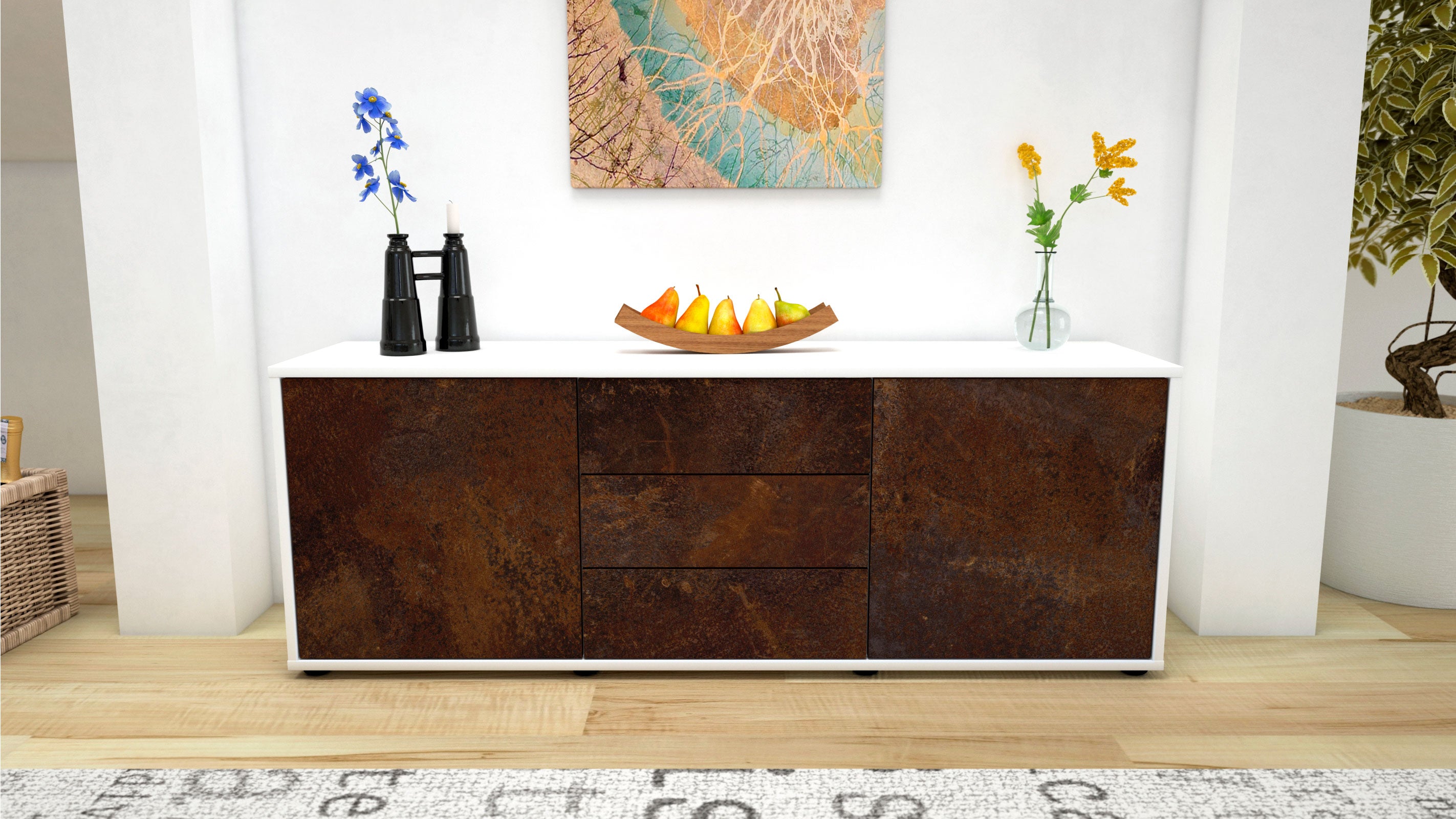 Lowboard - Ameline - Design Industrie Stil - Freistehend mit Push to Open 136 cm Weiss
