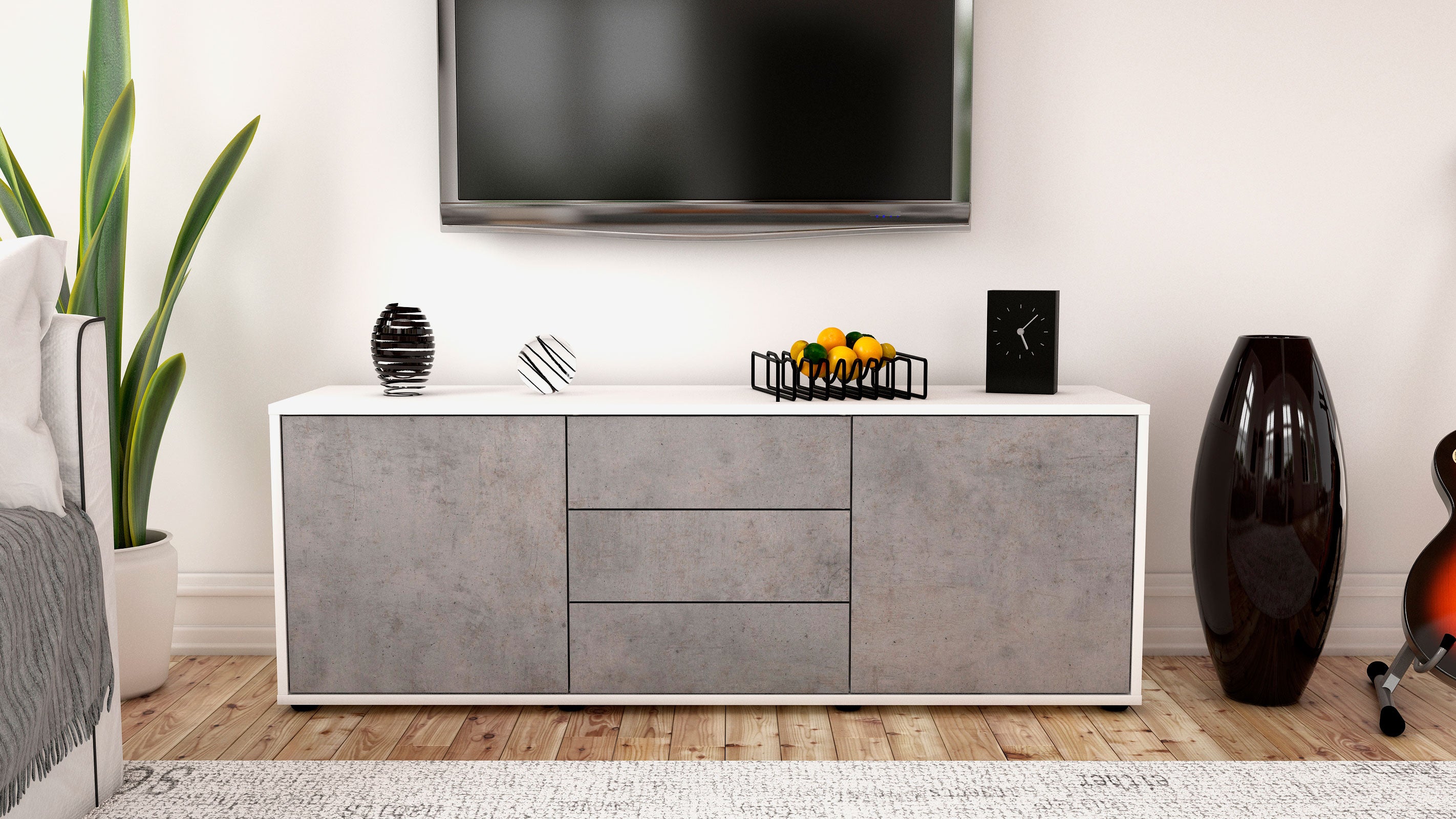 Lowboard - Ameline - Design Industrie Stil - Freistehend mit Push to Open 136 cm Weiss