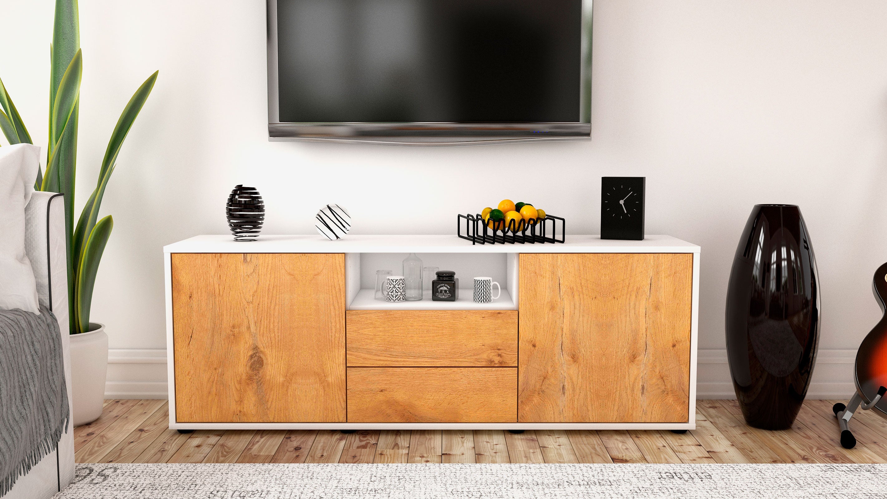 Lowboard - Ameriga - Design Holzdekor - Freistehend mit Push to Open 136 cm Weiss