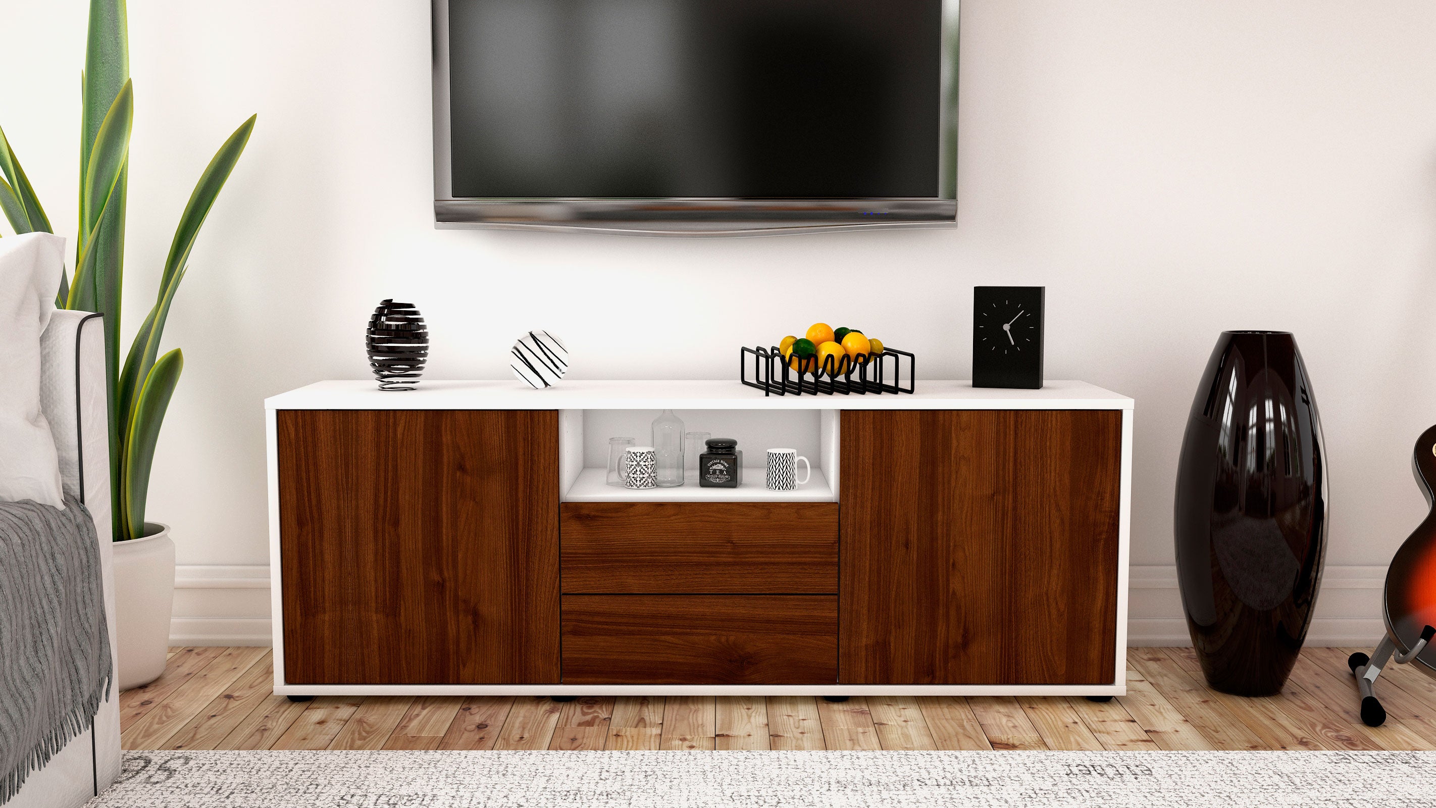 Lowboard - Ameriga - Design Holzdekor - Freistehend mit Push to Open 136 cm Weiss