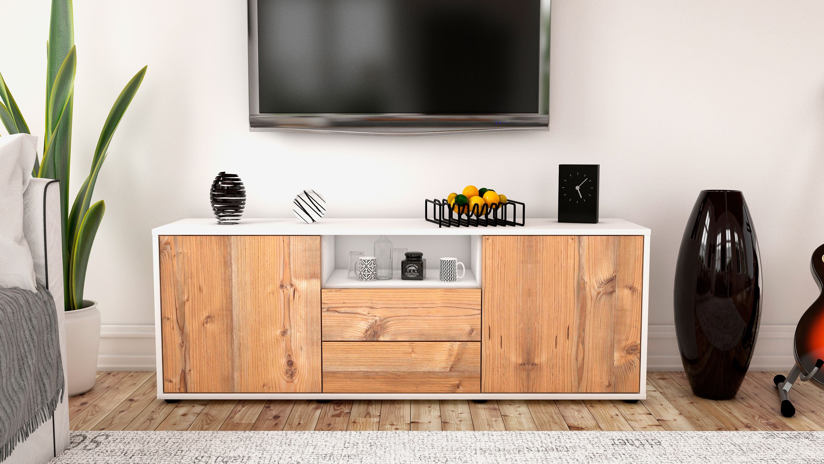 Lowboard - Ameriga - Design Holzdekor - Freistehend mit Push to Open 136 cm Weiss