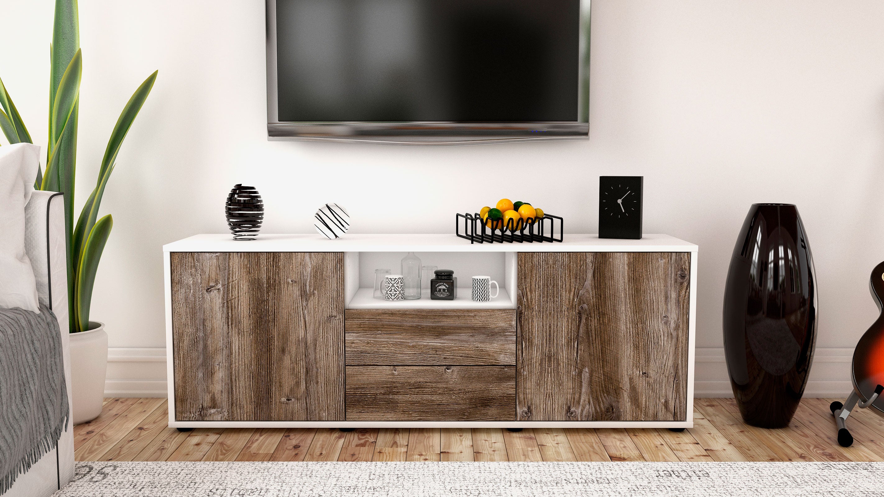 Lowboard - Ameriga - Design Holzdekor - Freistehend mit Push to Open 136 cm Weiss