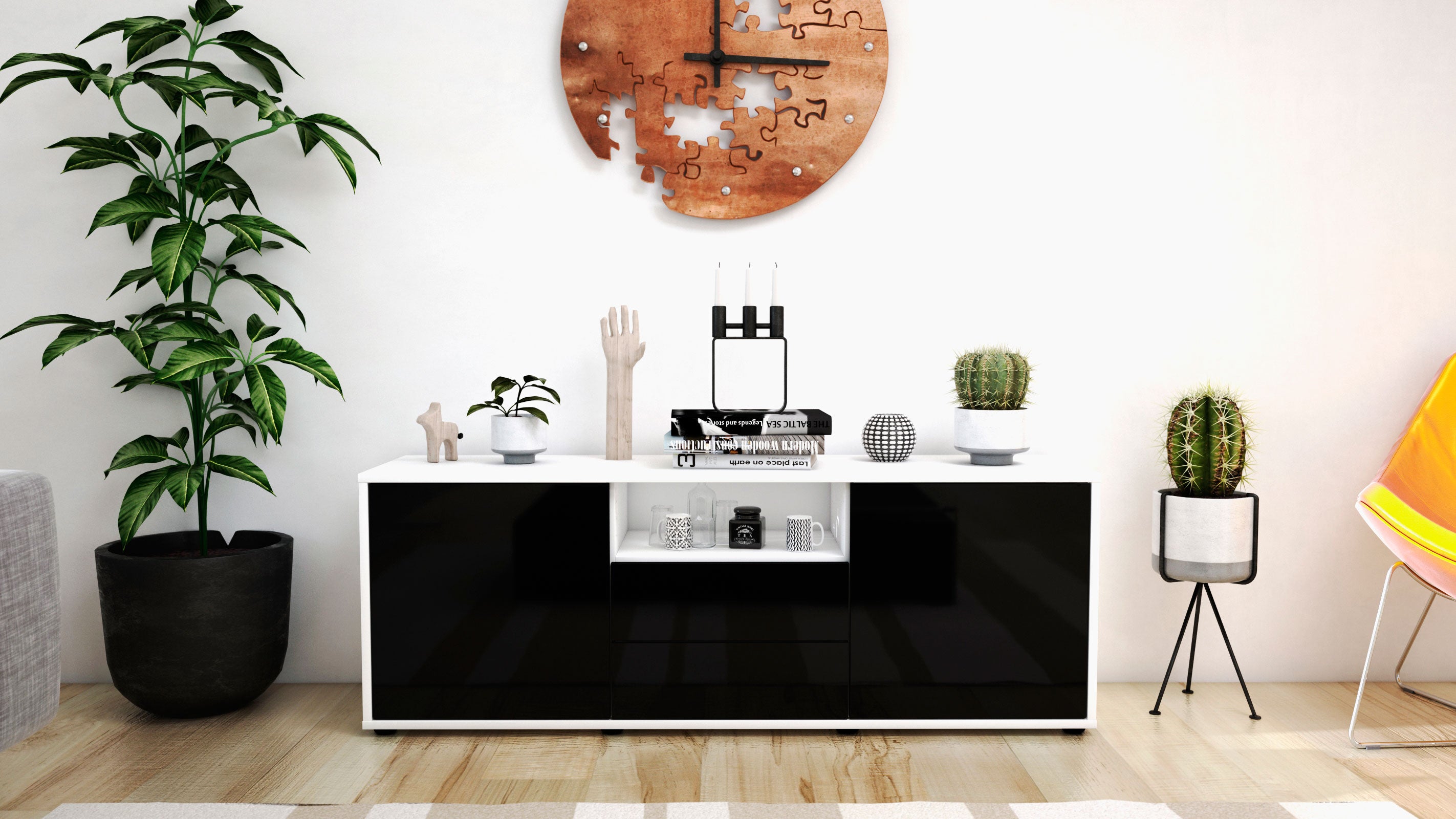 Lowboard - Ameriga - Design Hochglanz - Freistehend mit Push to Open 136 cm Weiss