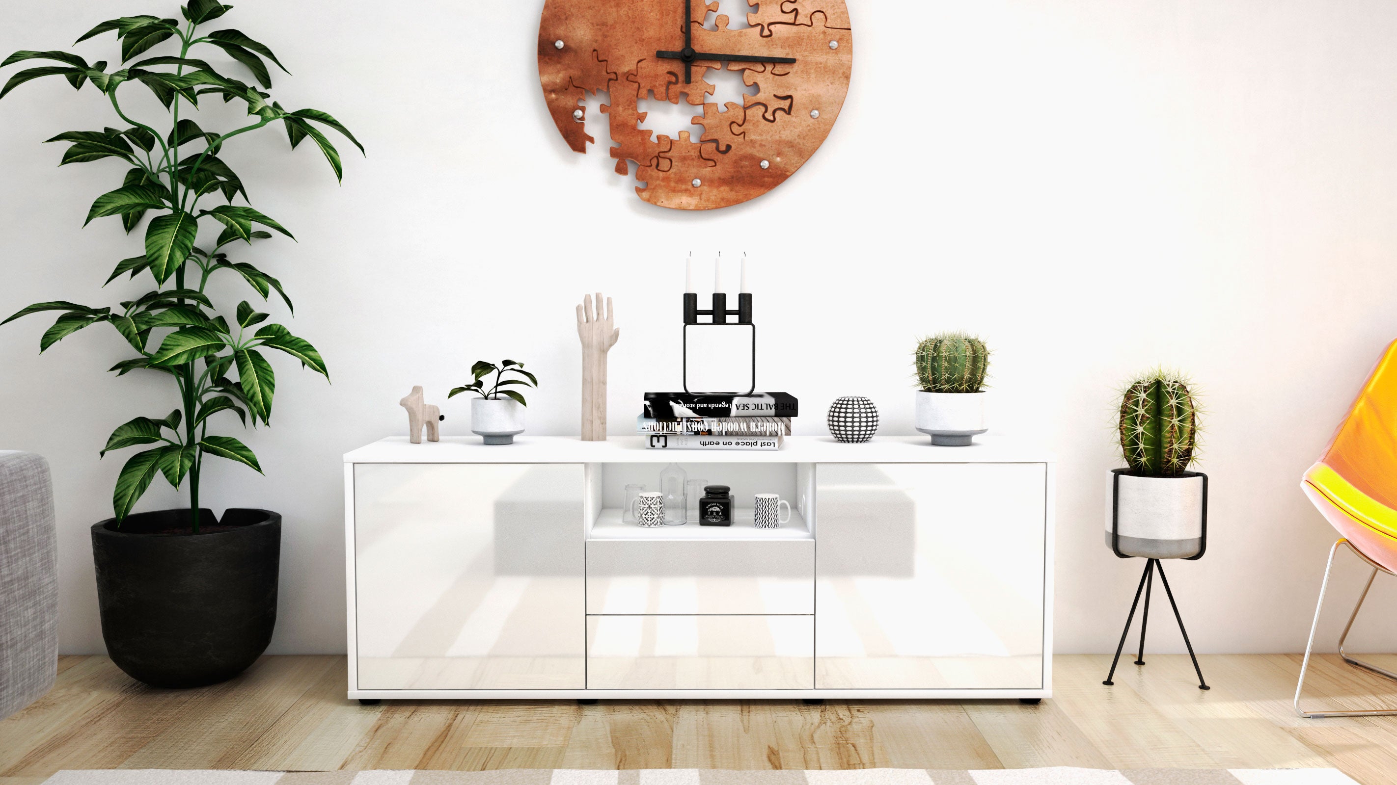 Lowboard - Ameriga - Design Hochglanz - Freistehend mit Push to Open 136 cm Weiss