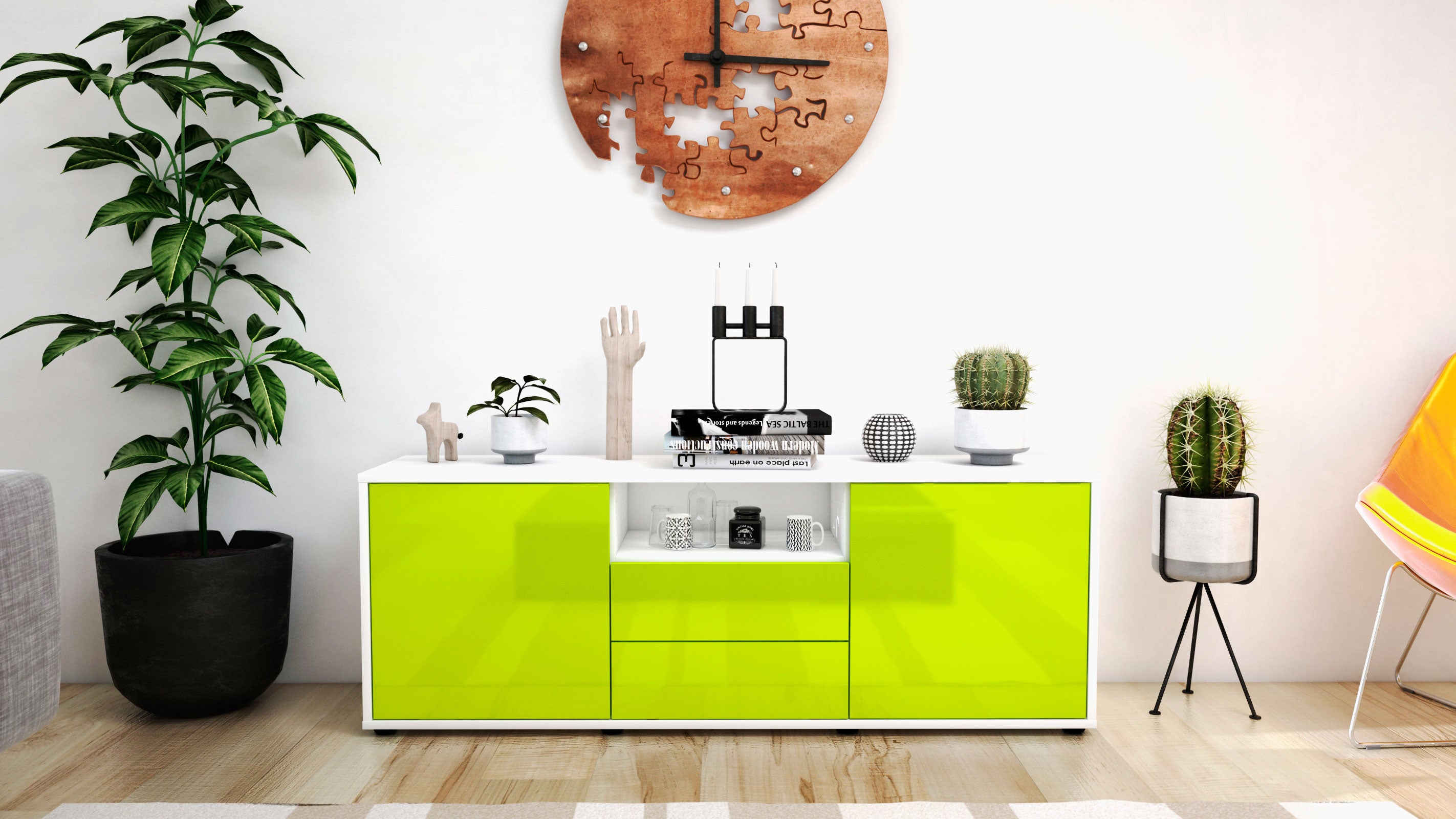 Lowboard - Ameriga - Design Hochglanz - Freistehend mit Push to Open 136 cm Weiss