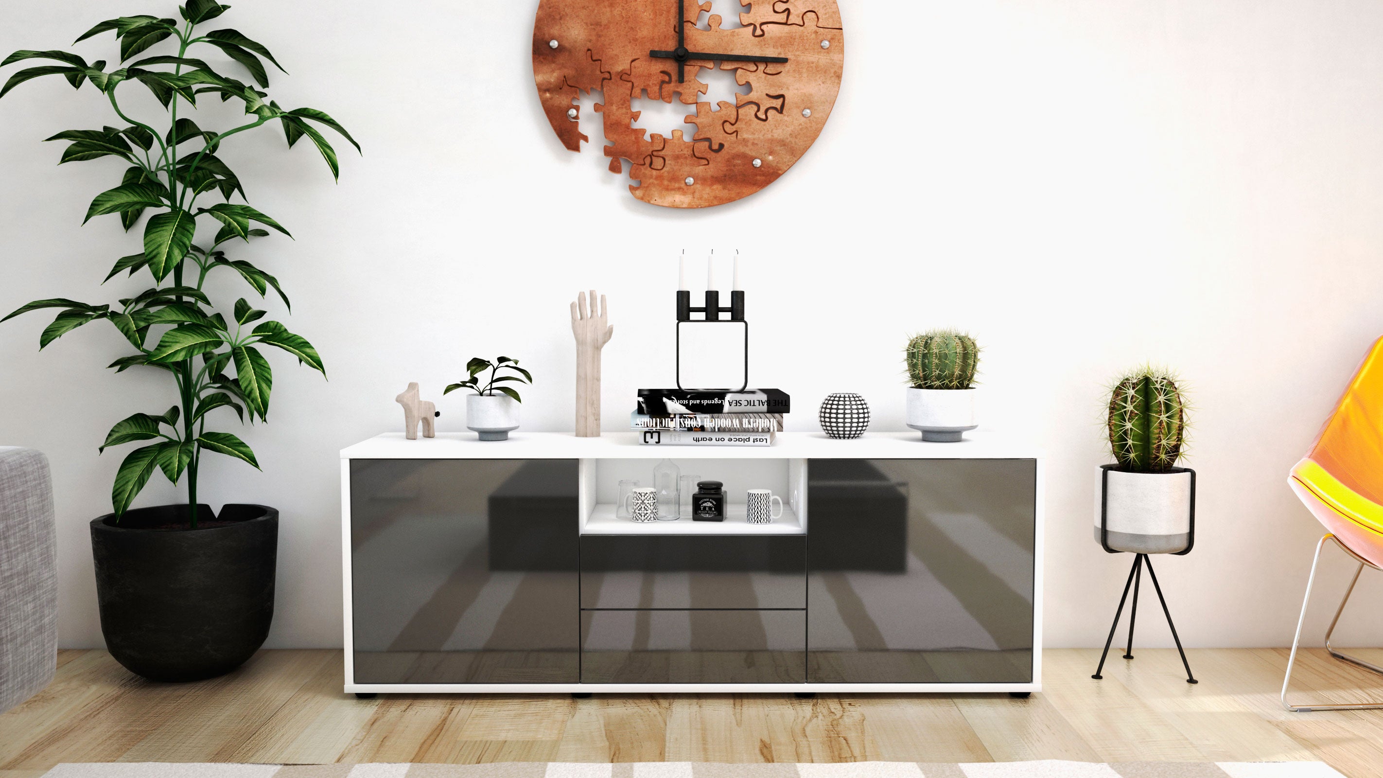 Lowboard - Ameriga - Design Hochglanz - Freistehend mit Push to Open 136 cm Weiss