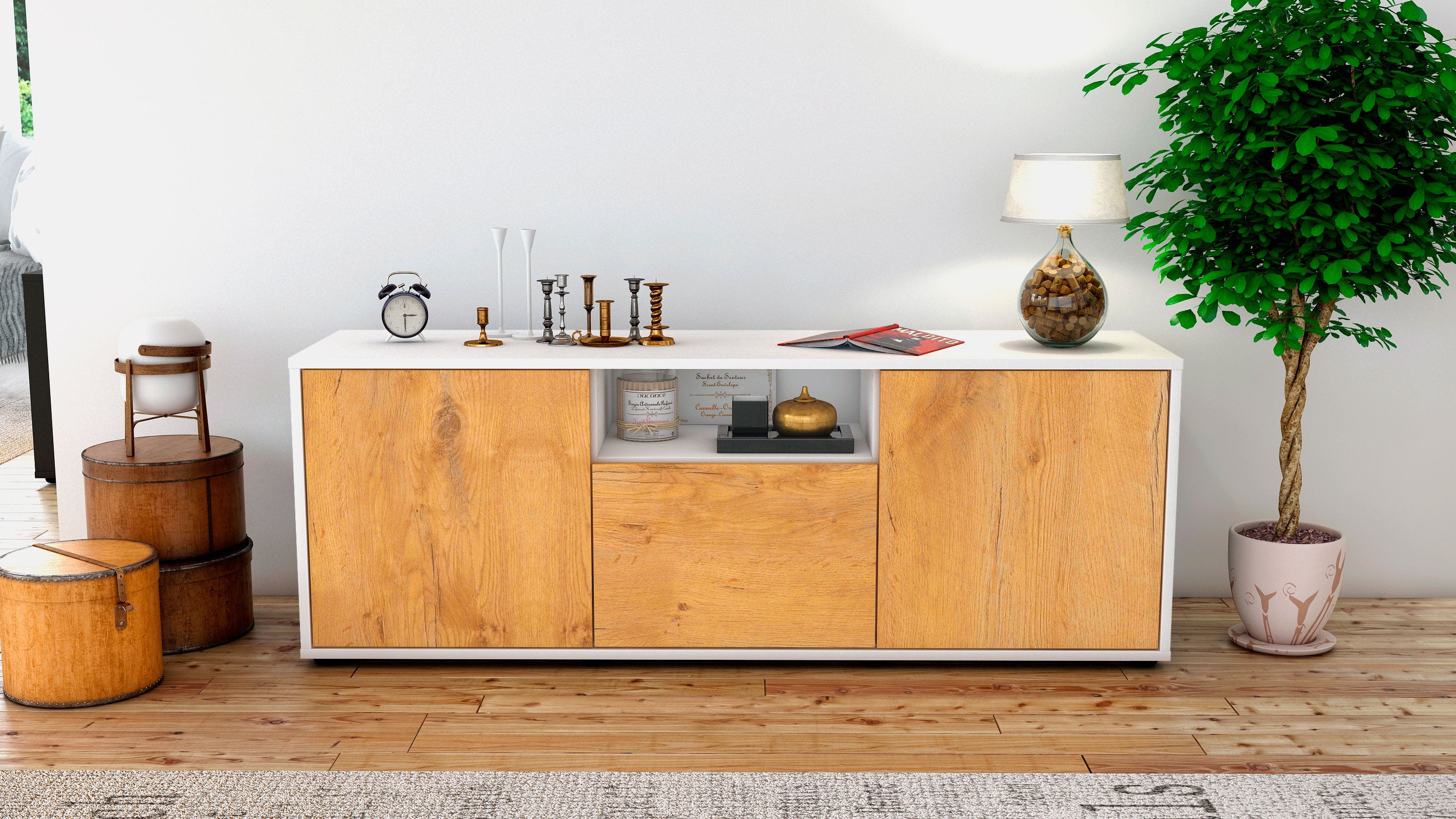 Lowboard - Andreana - Design Holzdekor - Freistehend mit Push to Open 136 cm Weiss