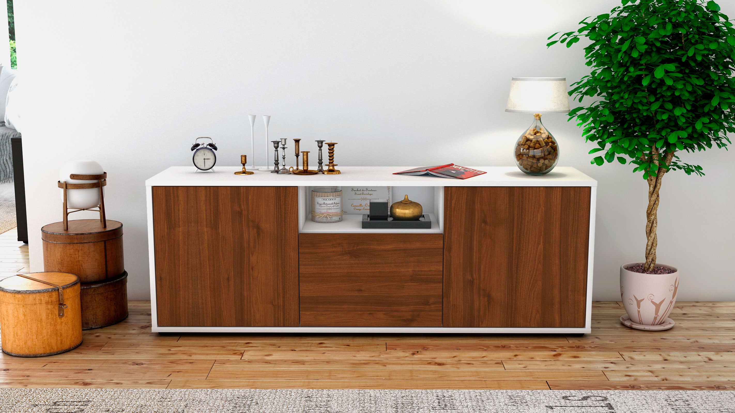 Lowboard - Andreana - Design Holzdekor - Freistehend mit Push to Open 136 cm Weiss