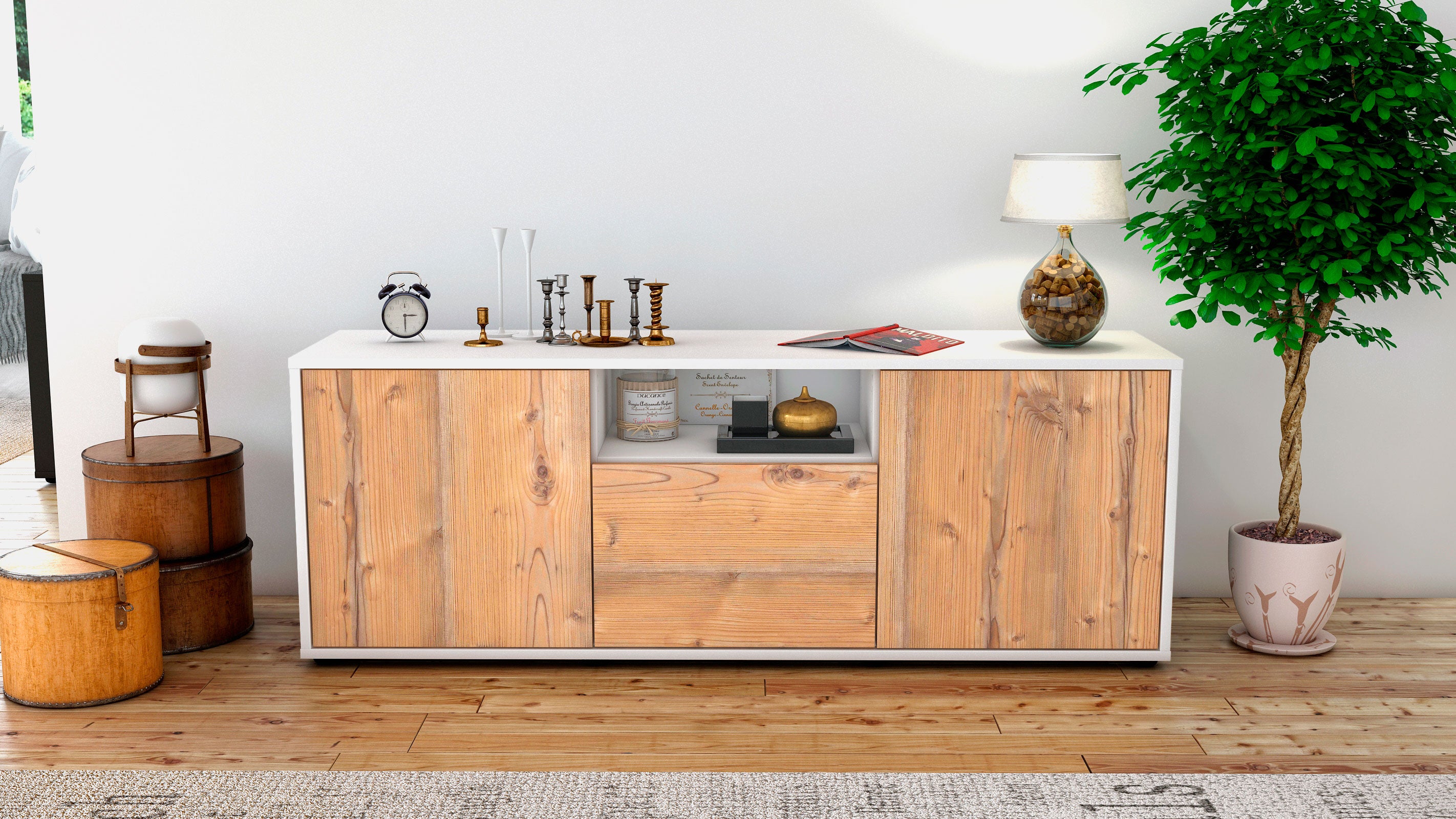 Lowboard - Andreana - Design Holzdekor - Freistehend mit Push to Open 136 cm Weiss