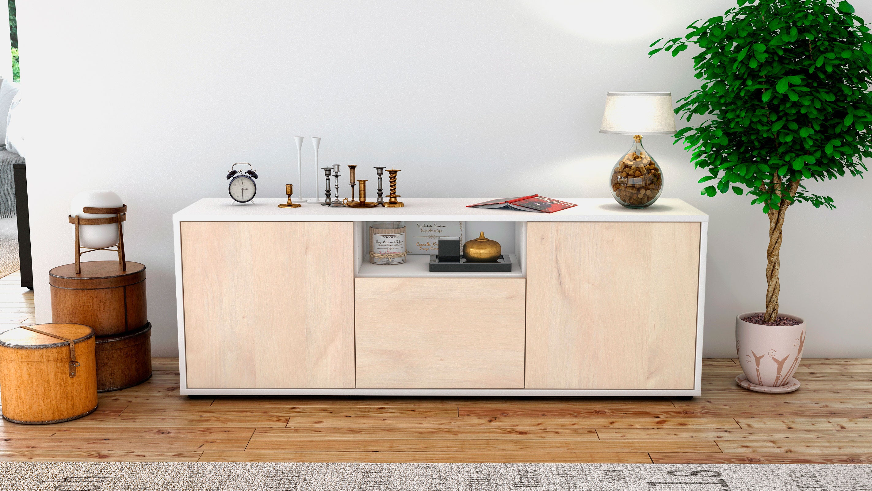 Lowboard - Andreana - Design Holzdekor - Freistehend mit Push to Open 136 cm Weiss