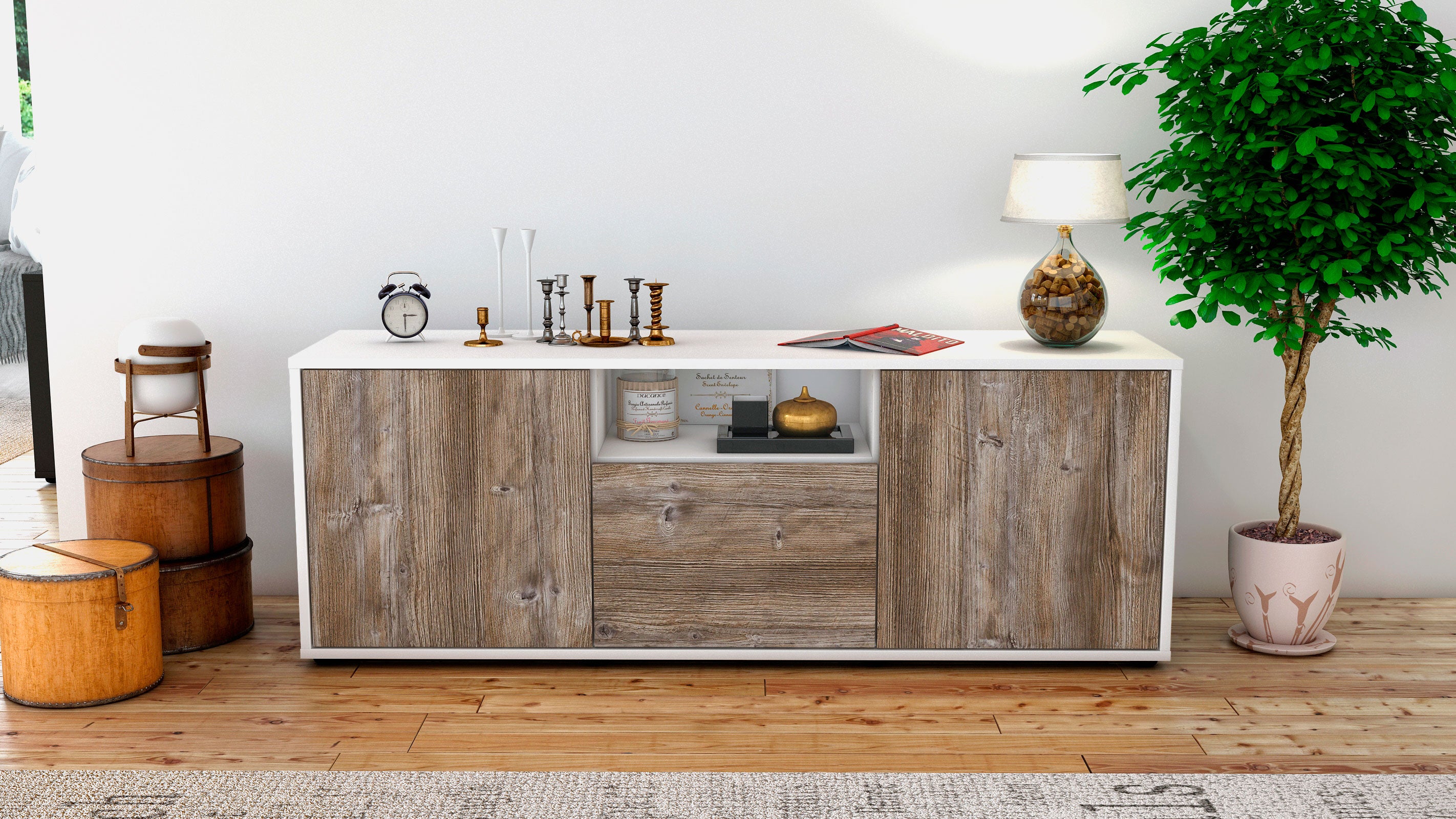 Lowboard - Andreana - Design Holzdekor - Freistehend mit Push to Open 136 cm Weiss