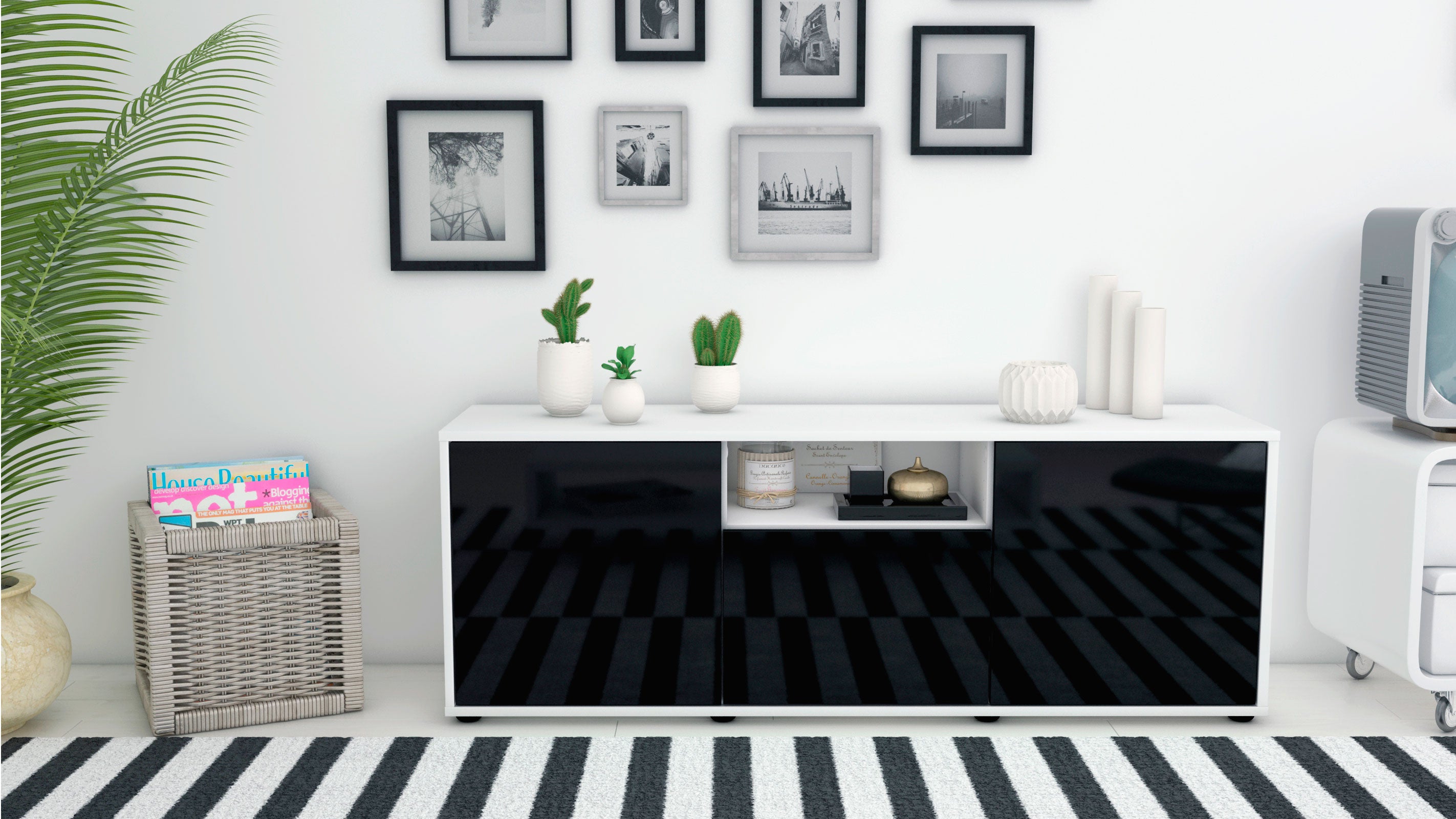 Lowboard - Andreana - Design Hochglanz - Freistehend mit Push to Open 136 cm Weiss