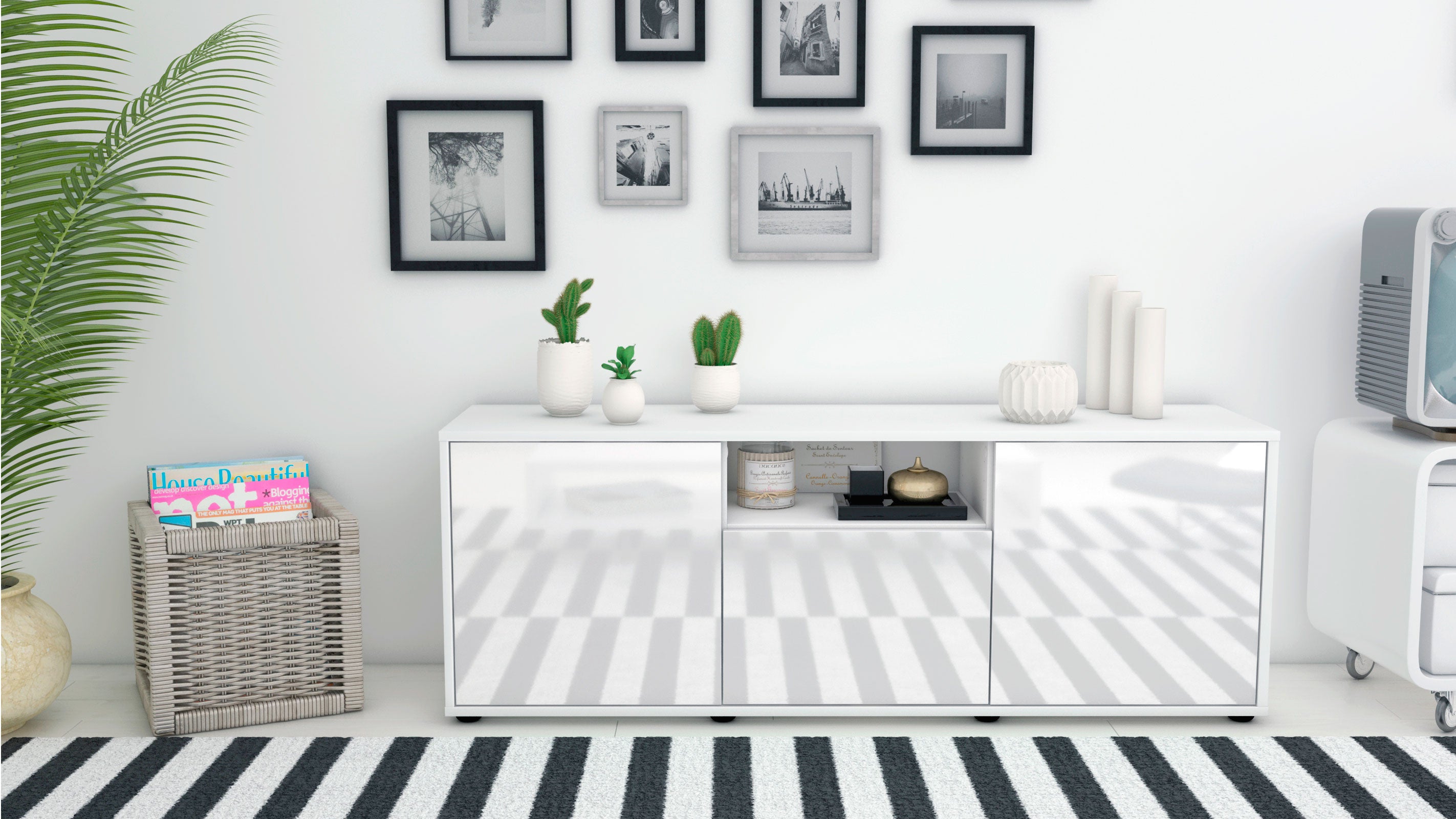 Lowboard - Andreana - Design Hochglanz - Freistehend mit Push to Open 136 cm Weiss