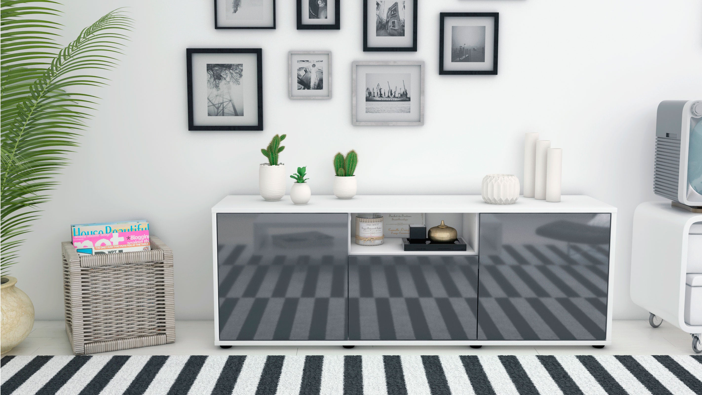 Lowboard - Andreana - Design Hochglanz - Freistehend mit Push to Open 136 cm Weiss
