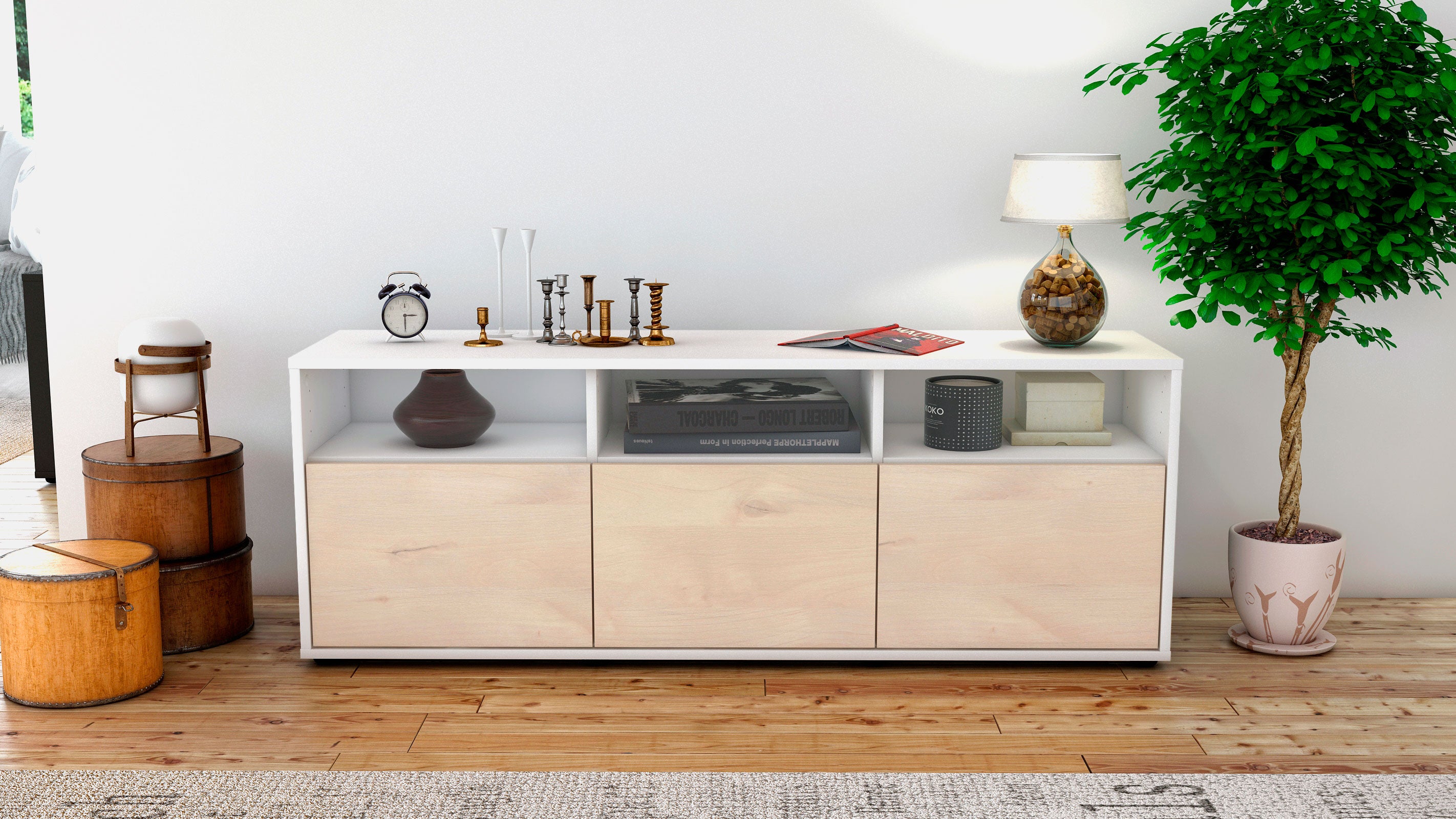 Lowboard - Andrina - Design Holzdekor - Freistehend mit Push to Open 136 cm Weiss
