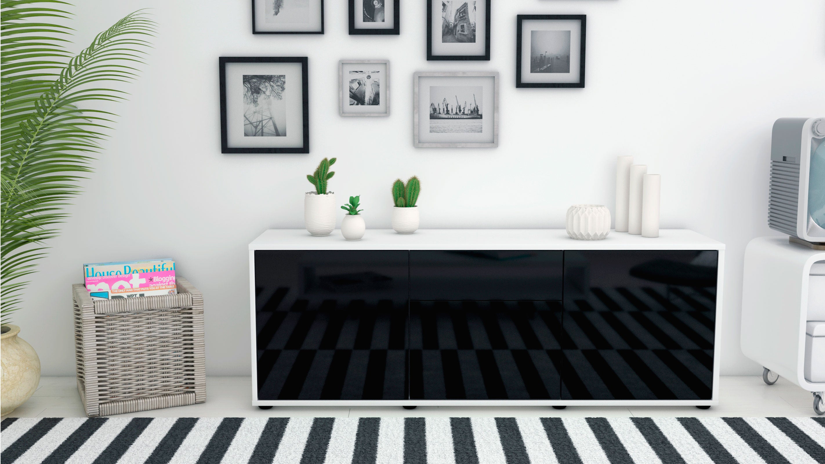 Lowboard - Anella - Design Hochglanz - Freistehend mit Push to Open 136 cm Weiss
