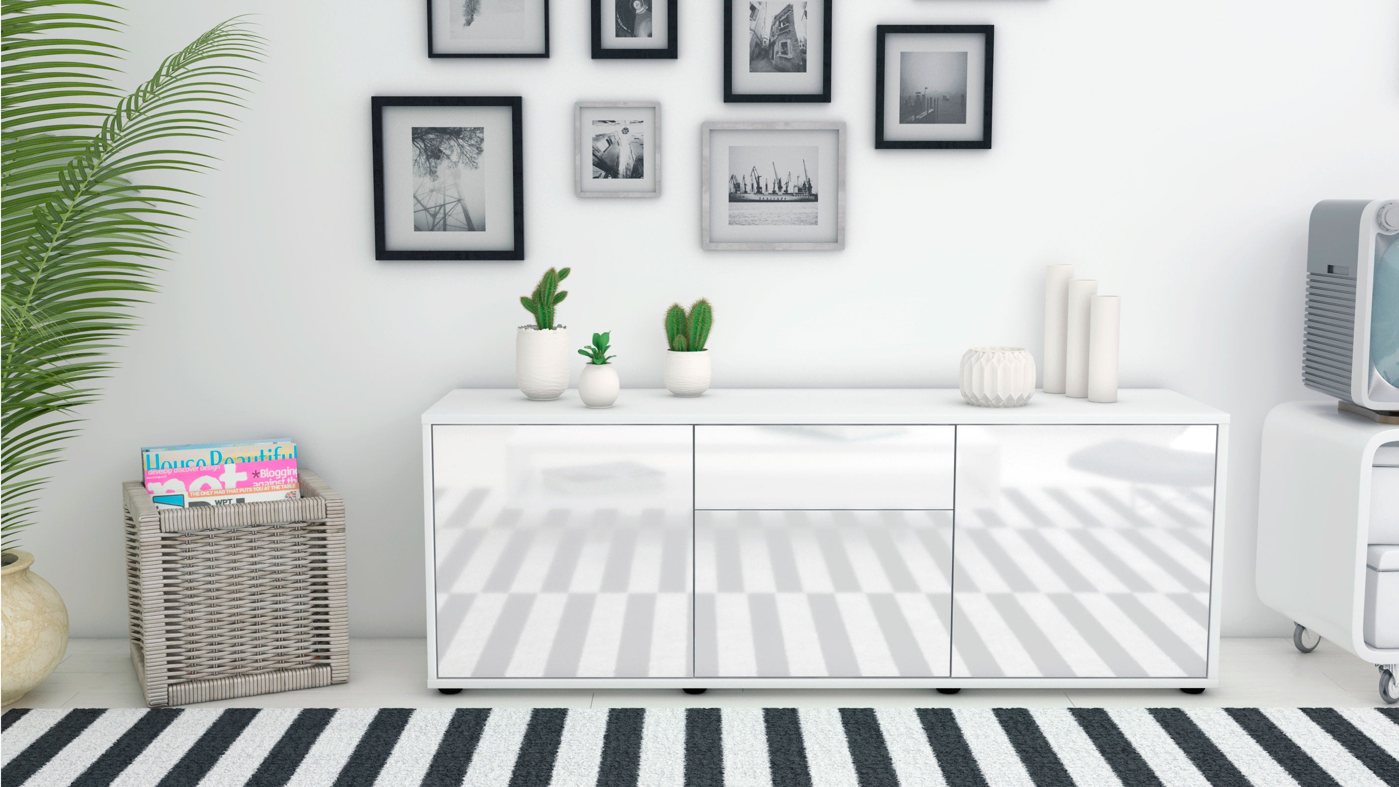 Lowboard - Anella - Design Hochglanz - Freistehend mit Push to Open 136 cm Weiss