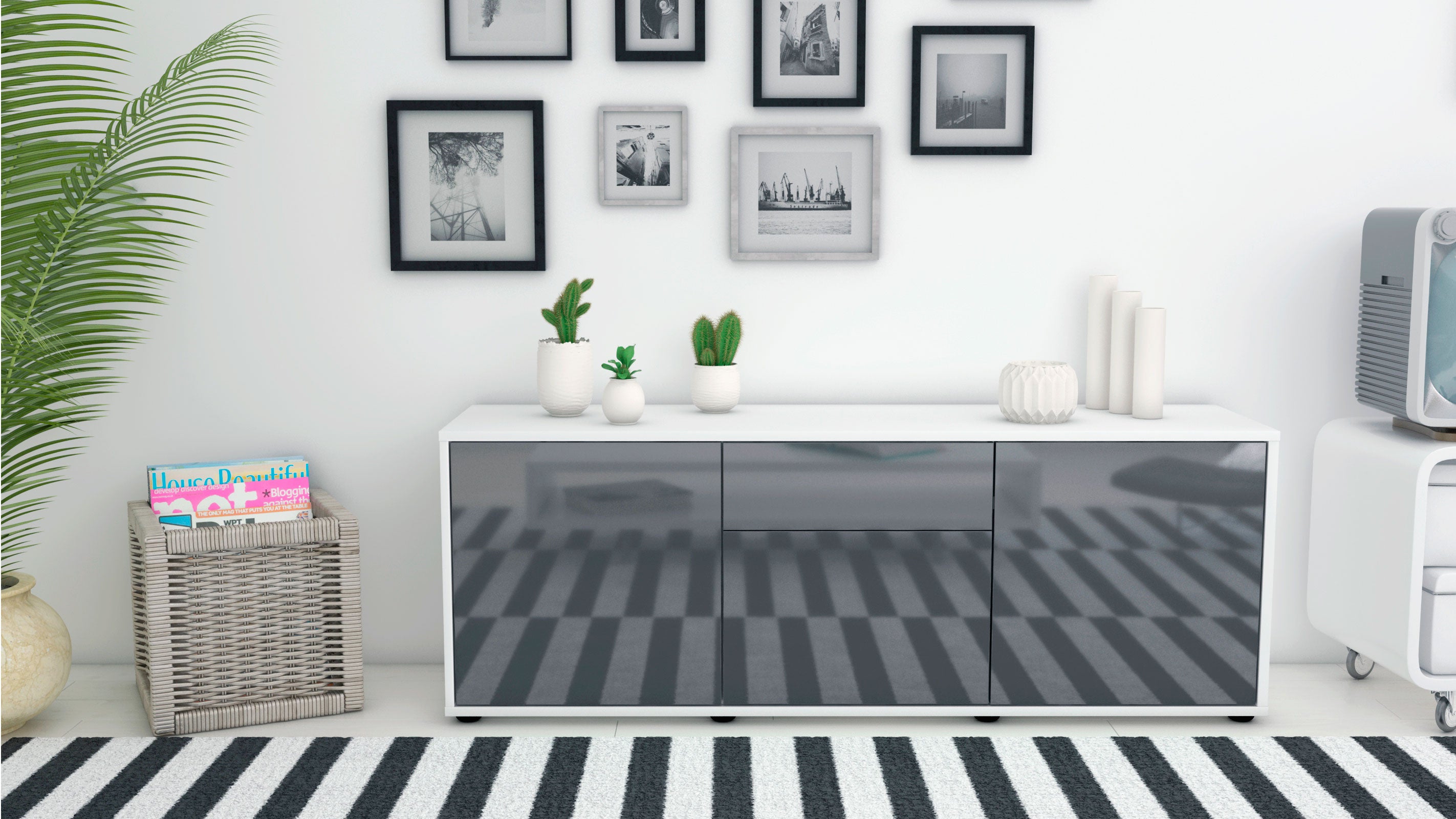 Lowboard - Anella - Design Hochglanz - Freistehend mit Push to Open 136 cm Weiss