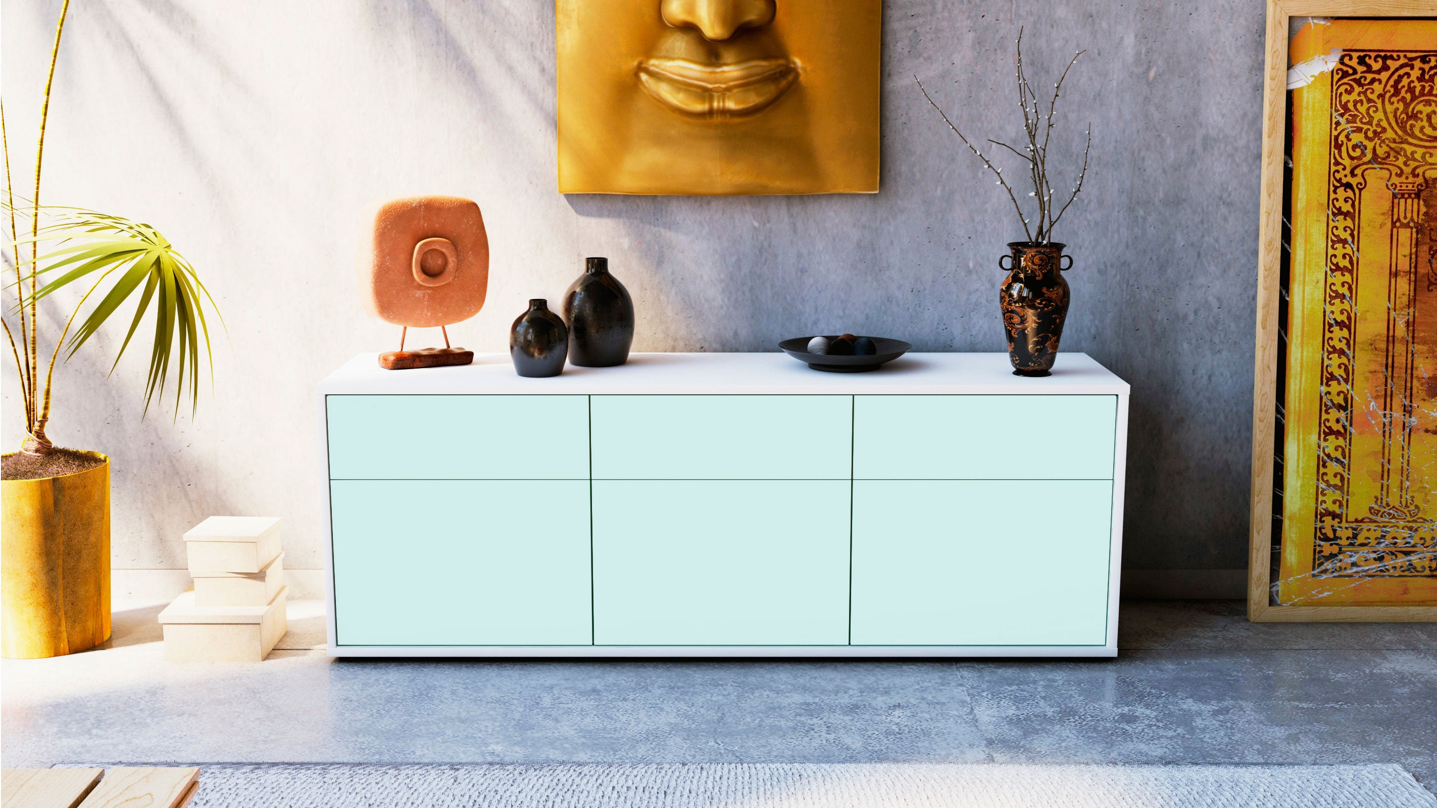 Lowboard - Angela - Design Farbakzent - Freistehend mit Push to Open 136 cm Weiss