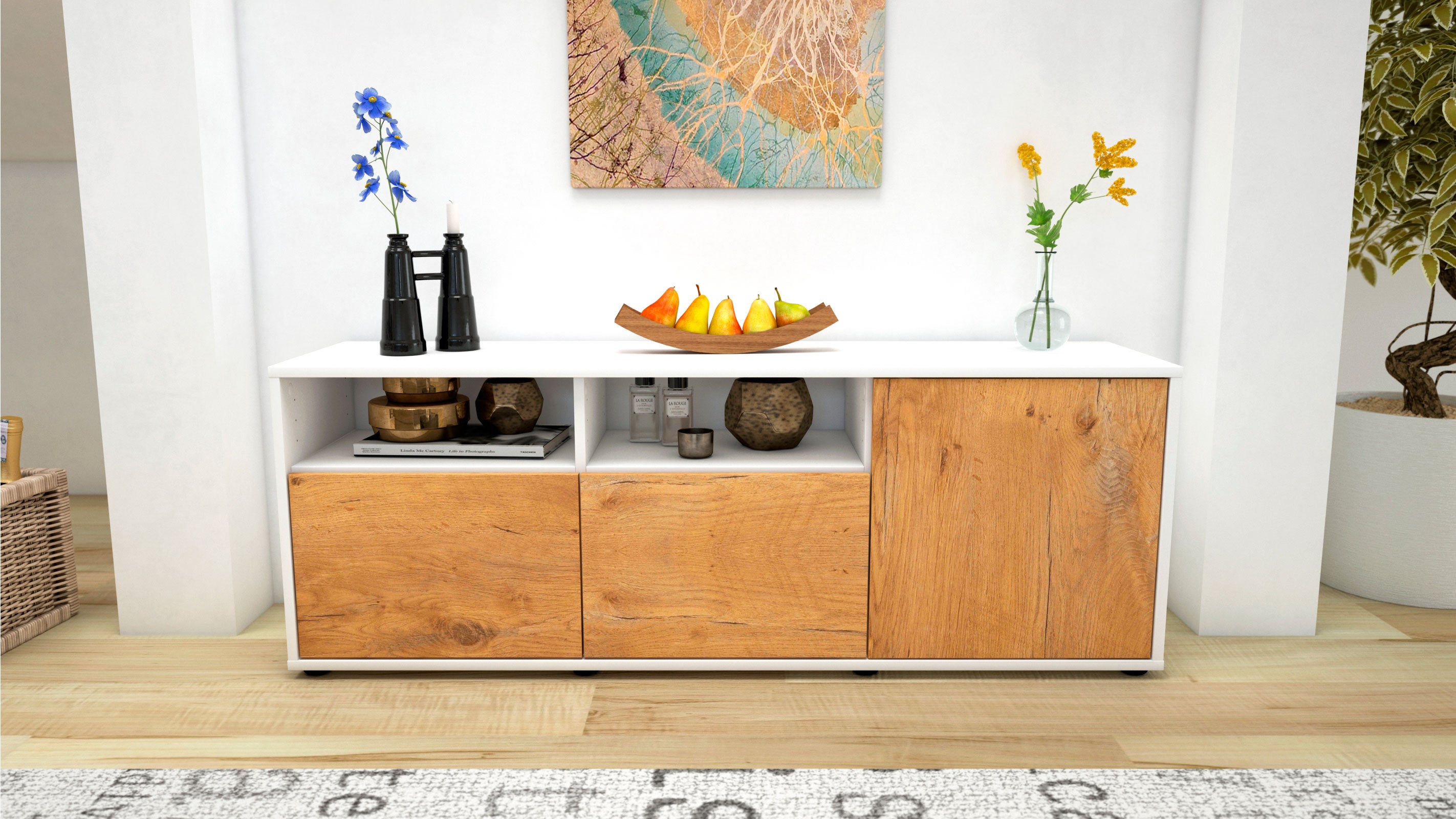 Lowboard - Anina - Design Holzdekor - Freistehend mit Push to Open 136 cm Weiss