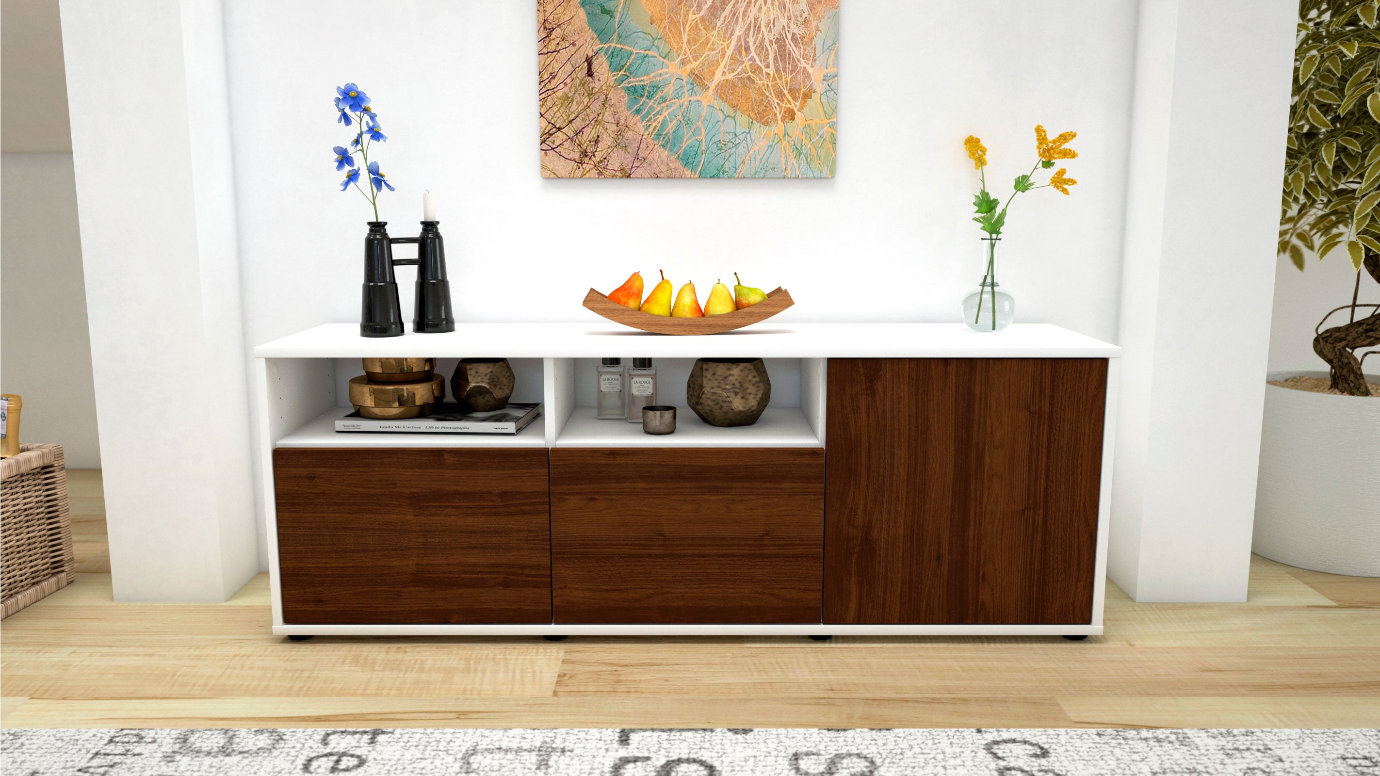 Lowboard - Anina - Design Holzdekor - Freistehend mit Push to Open 136 cm Weiss