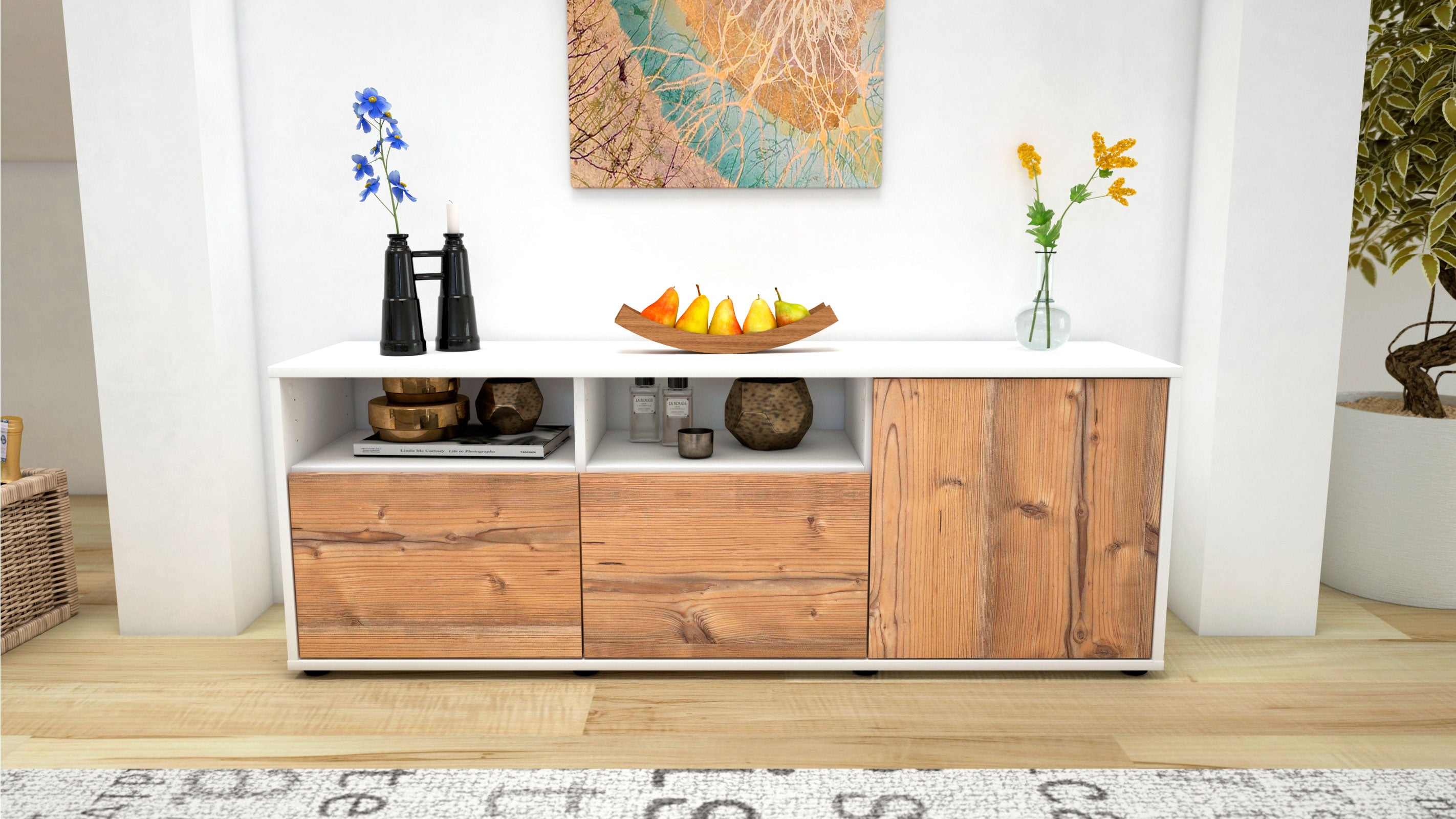 Lowboard - Anina - Design Holzdekor - Freistehend mit Push to Open 136 cm Weiss