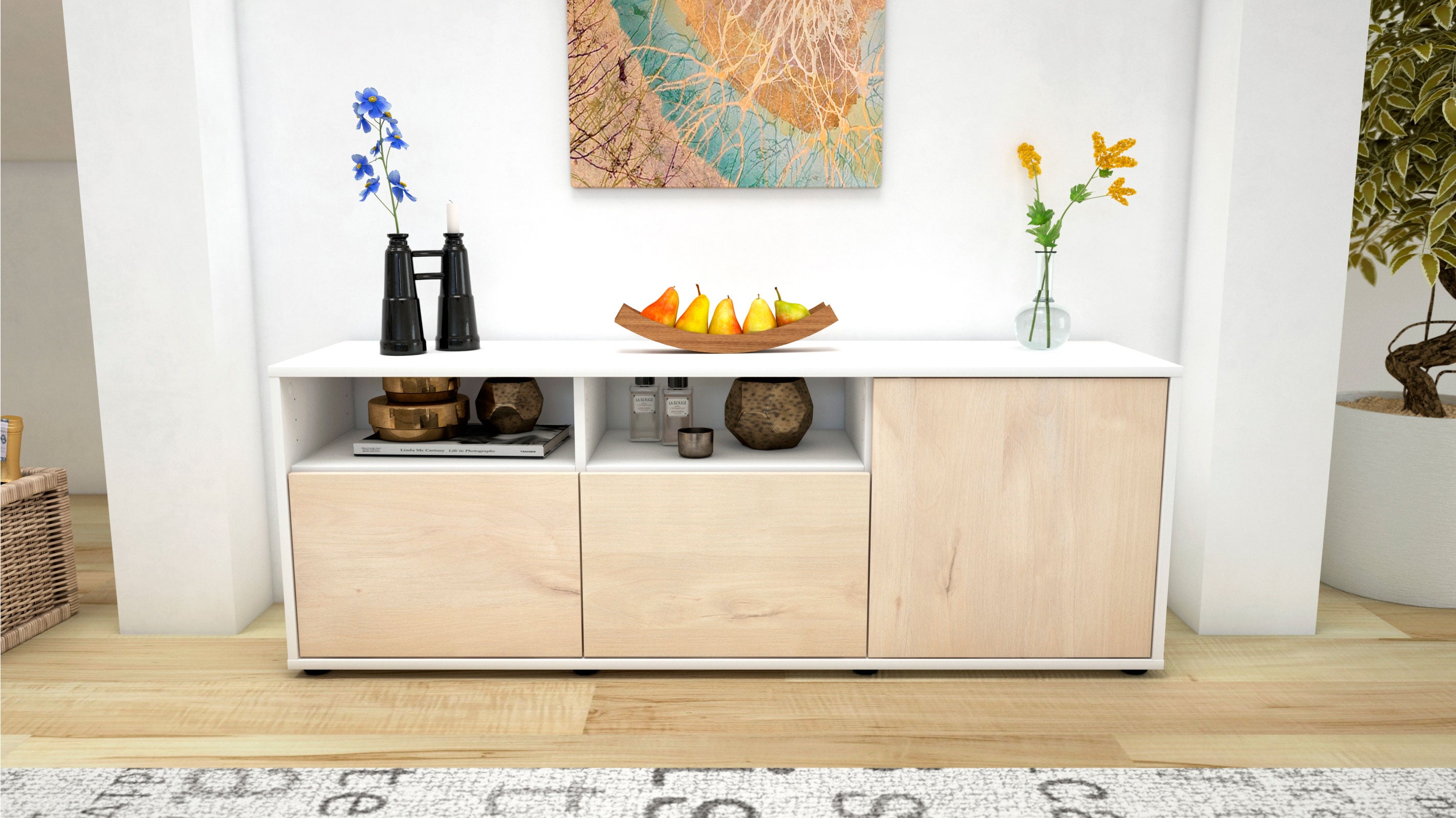 Lowboard - Anina - Design Holzdekor - Freistehend mit Push to Open 136 cm Weiss