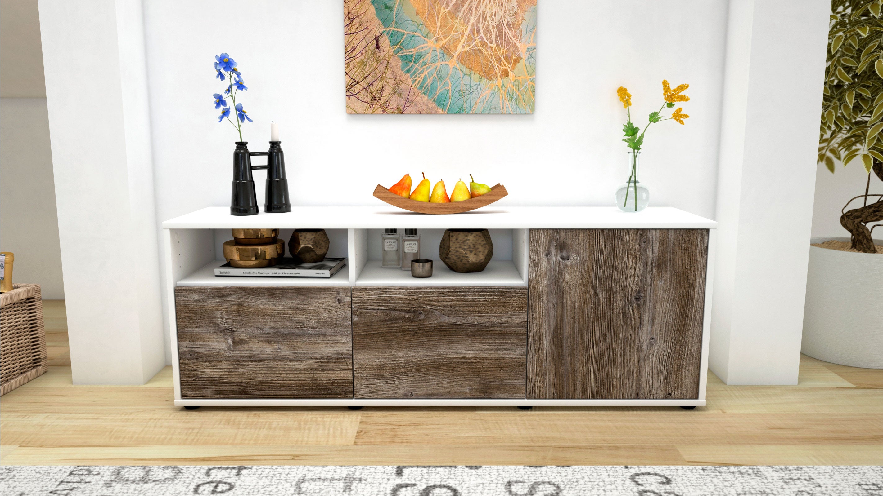 Lowboard - Anina - Design Holzdekor - Freistehend mit Push to Open 136 cm Weiss