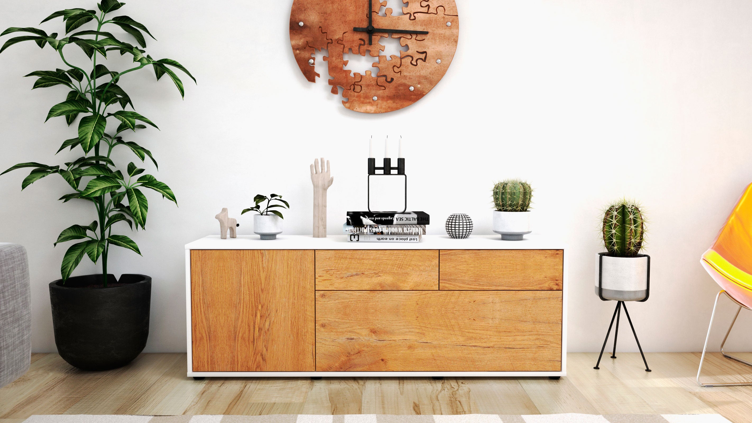 Lowboard - Annabell - Design Holzdekor - Freistehend mit Push to Open 136 cm Weiss