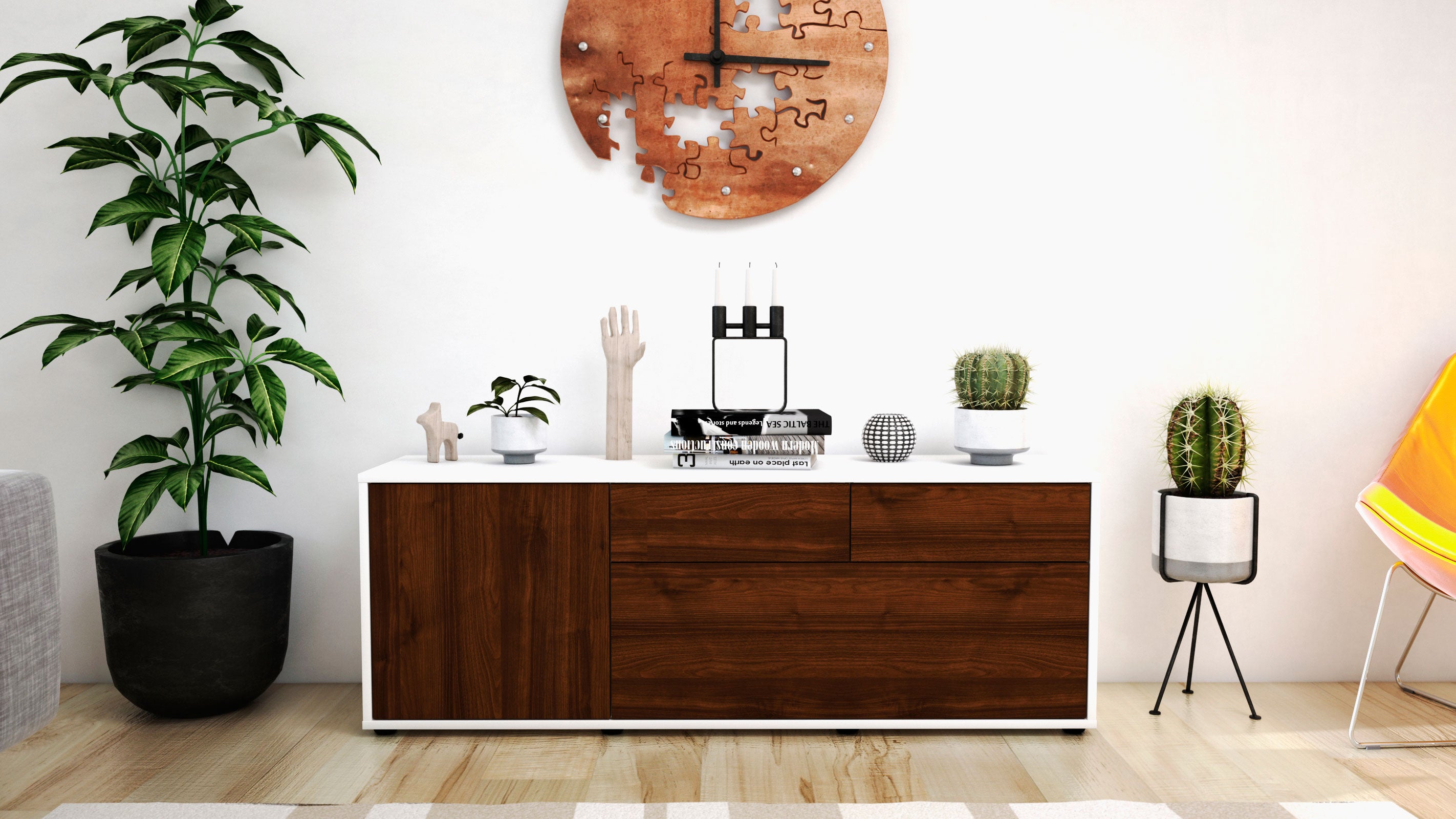 Lowboard - Annabell - Design Holzdekor - Freistehend mit Push to Open 136 cm Weiss