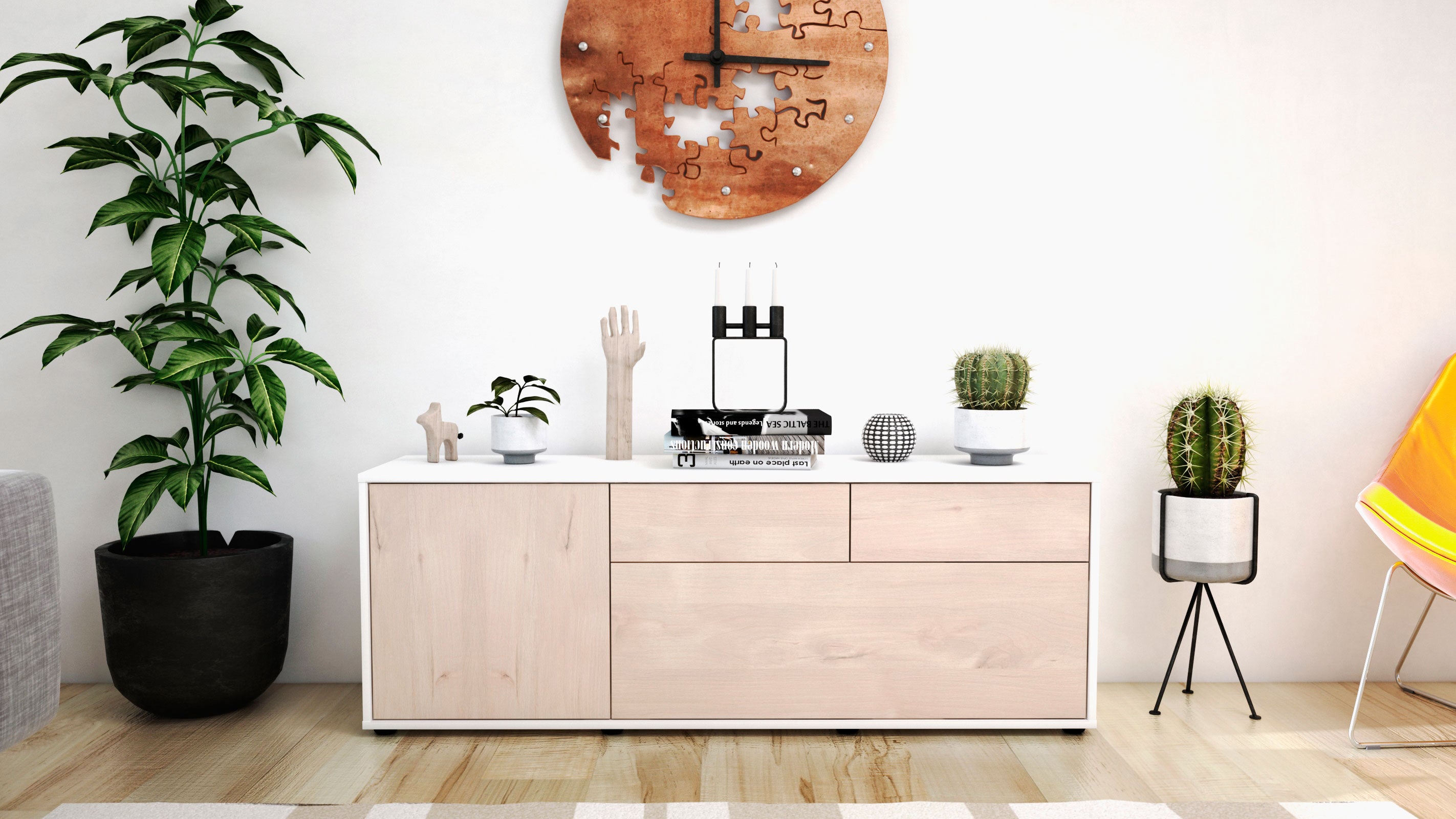 Lowboard - Annabell - Design Holzdekor - Freistehend mit Push to Open 136 cm Weiss