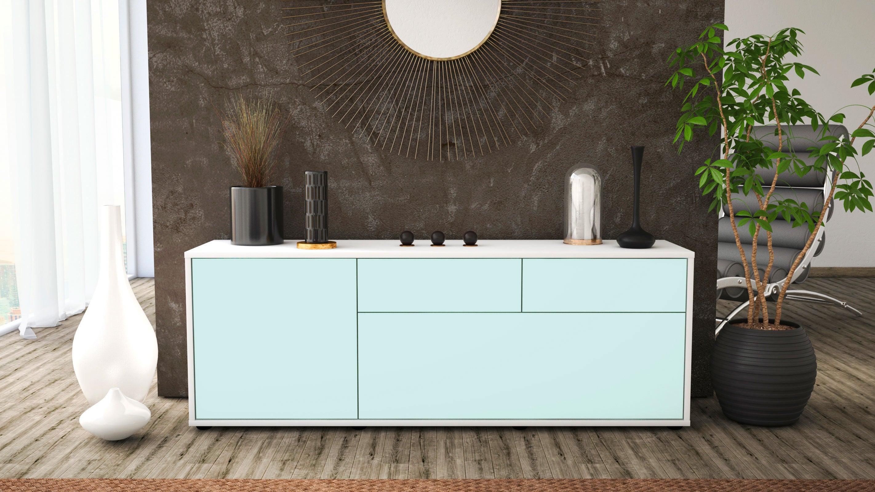 Lowboard - Annabell - Design Farbakzent - Freistehend mit Push to Open 136 cm Weiss