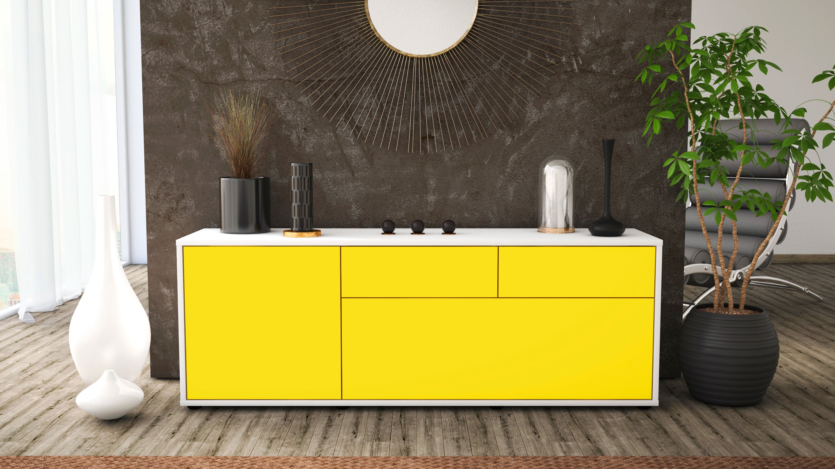 Lowboard - Annabell - Design Farbakzent - Freistehend mit Push to Open 136 cm Weiss