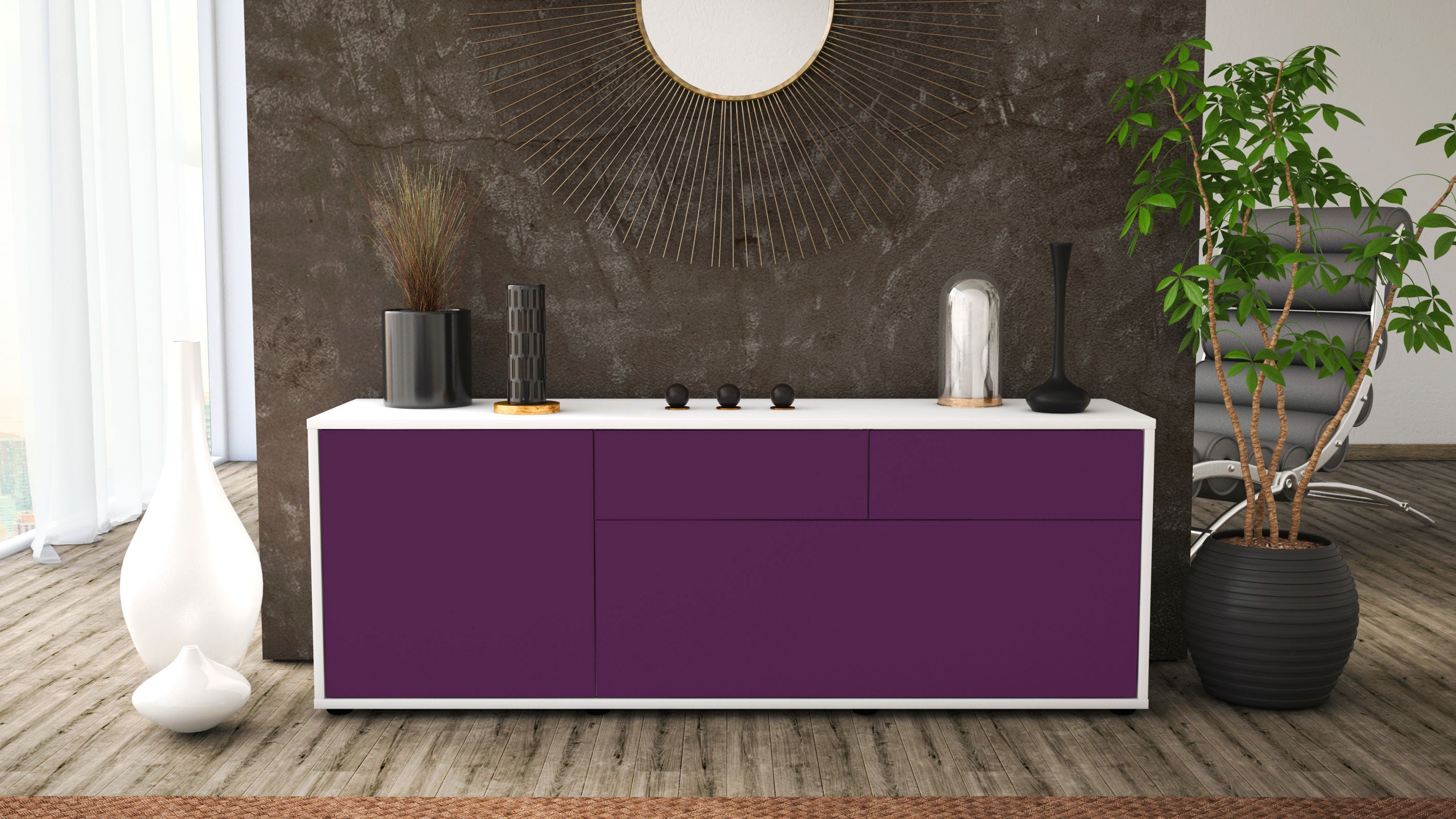 Lowboard - Annabell - Design Farbakzent - Freistehend mit Push to Open 136 cm Weiss