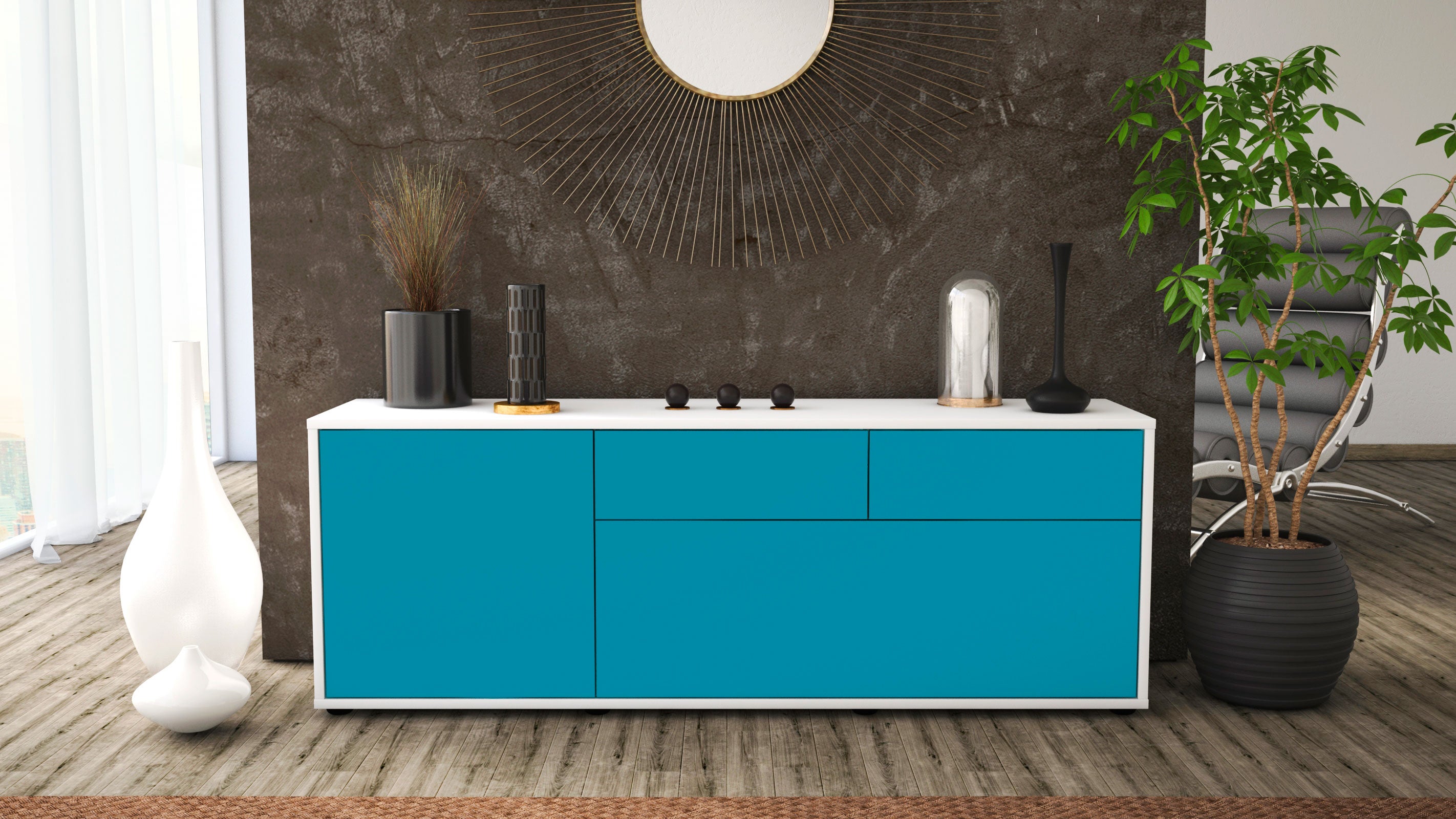Lowboard - Annabell - Design Farbakzent - Freistehend mit Push to Open 136 cm Weiss