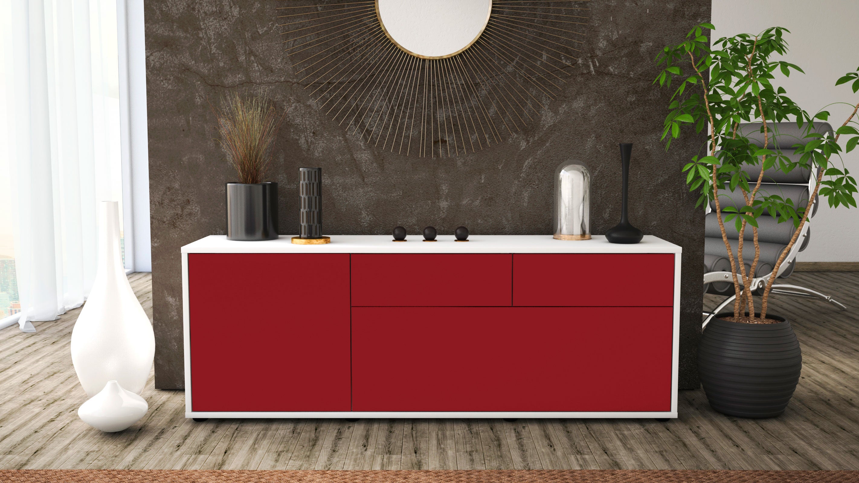 Lowboard - Annabell - Design Farbakzent - Freistehend mit Push to Open 136 cm Weiss