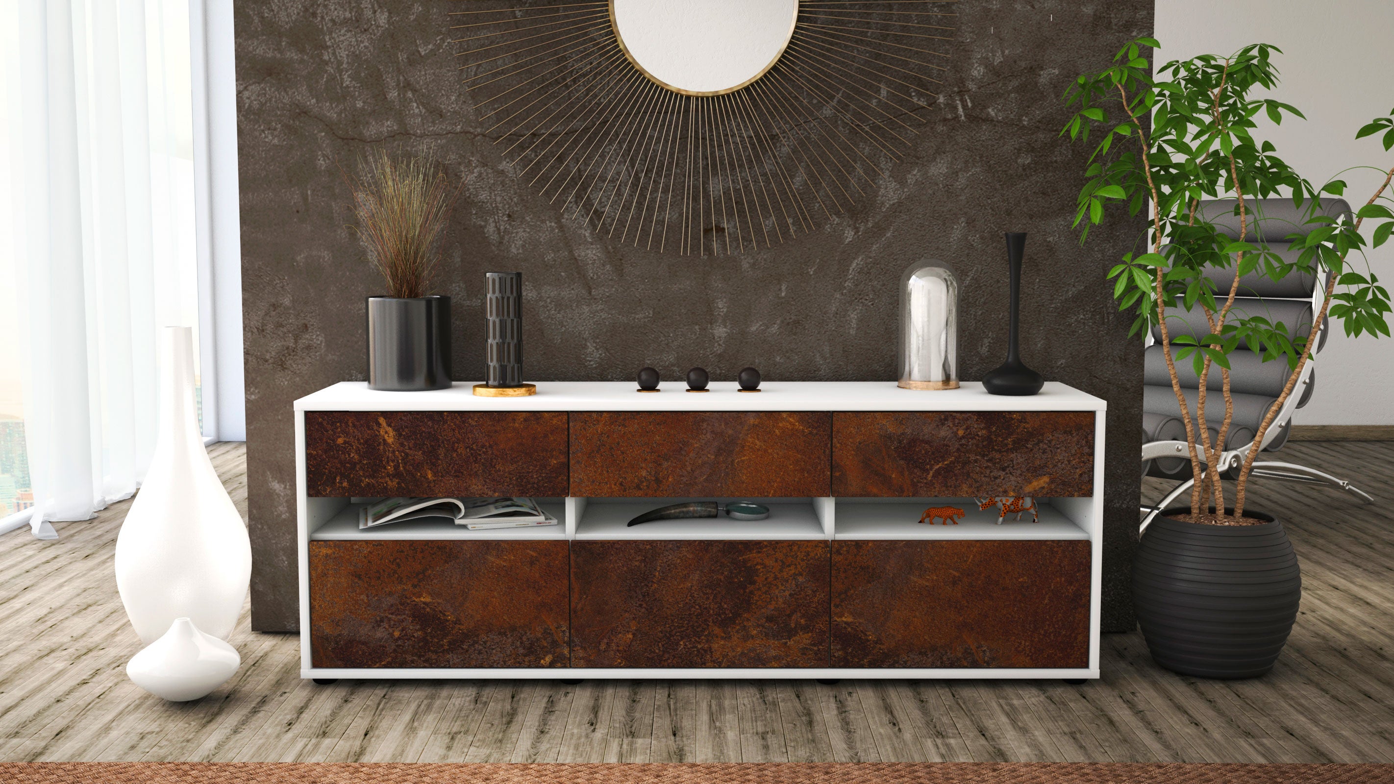 Lowboard - Annalena - Design Industrie Stil - Freistehend mit Push to Open 136 cm Weiss