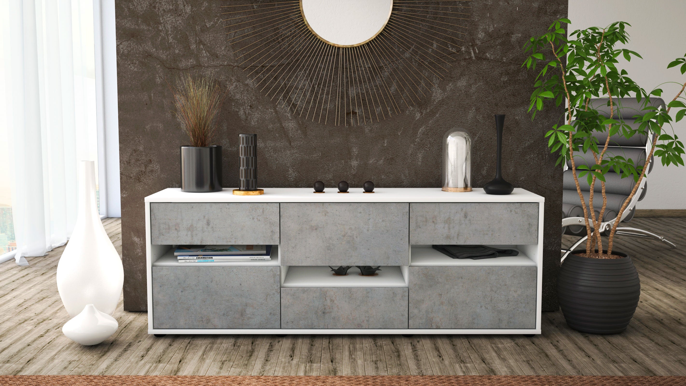 Lowboard - Annalisa - Design Industrie Stil - Freistehend mit Push to Open 136 cm Weiss