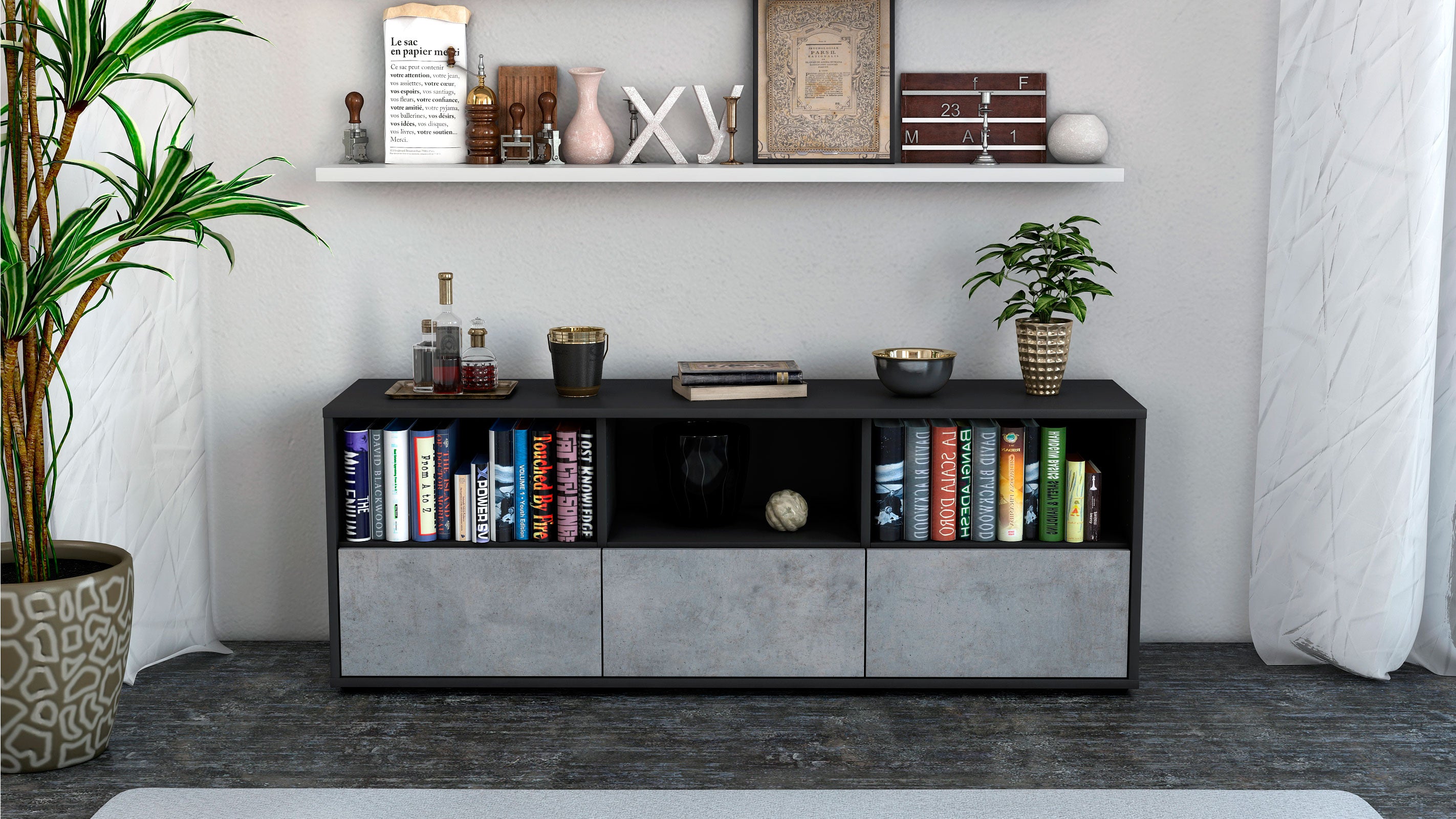 Lowboard - Amalia - Design Industrie Stil - Freistehend mit Push to Open 136 cm Anthrazit