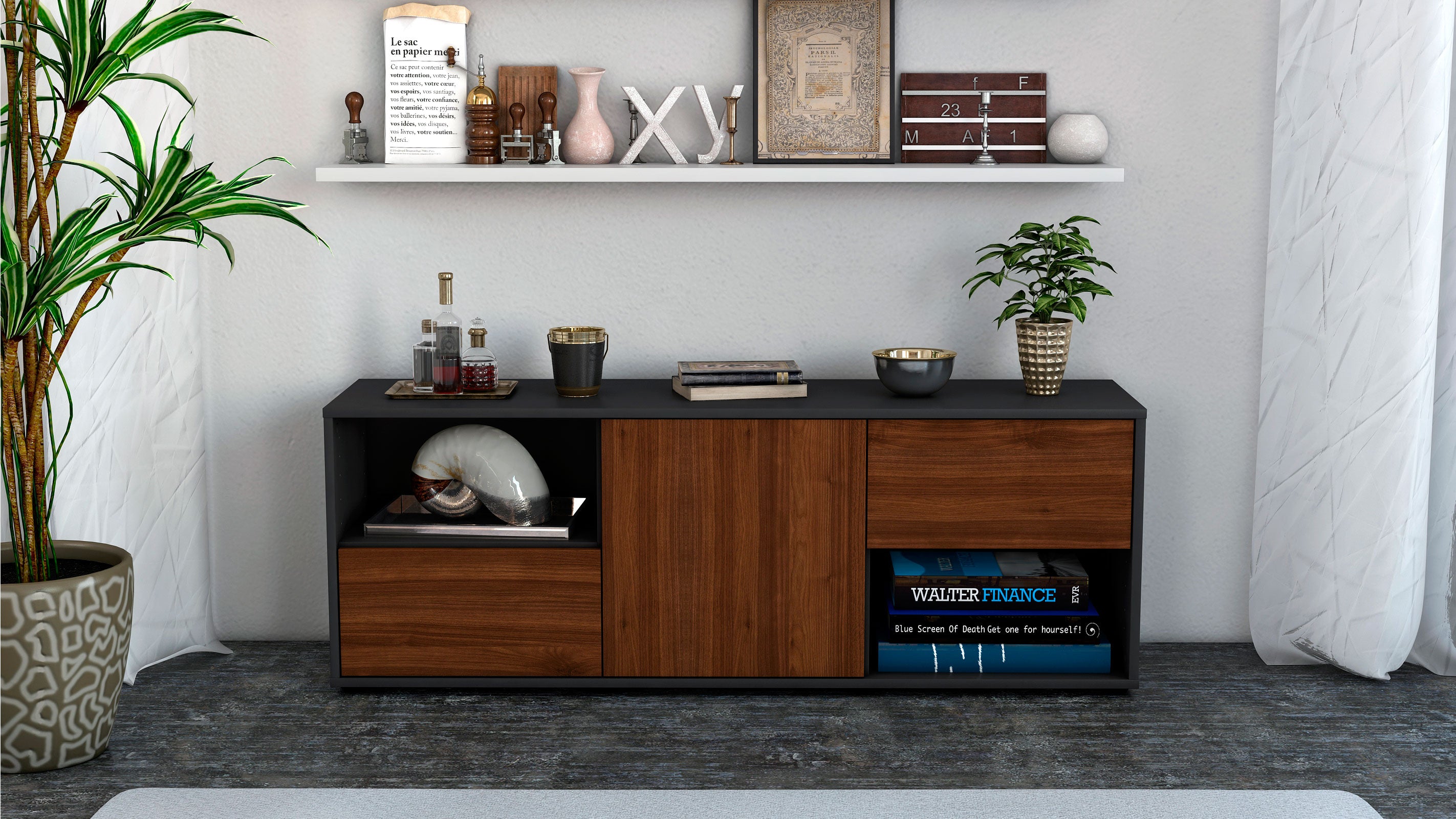 Lowboard - Ambra - Design Holzdekor - Freistehend mit Push to Open 136 cm Anthrazit
