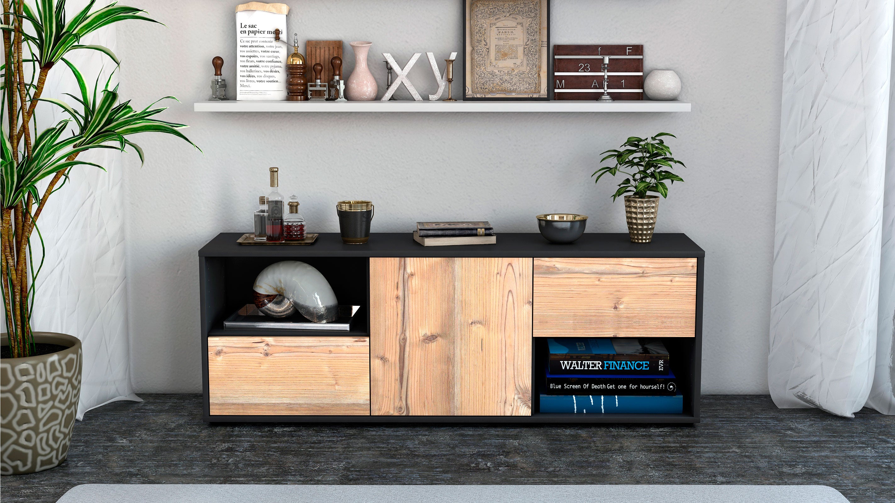 Lowboard - Ambra - Design Holzdekor - Freistehend mit Push to Open 136 cm Anthrazit