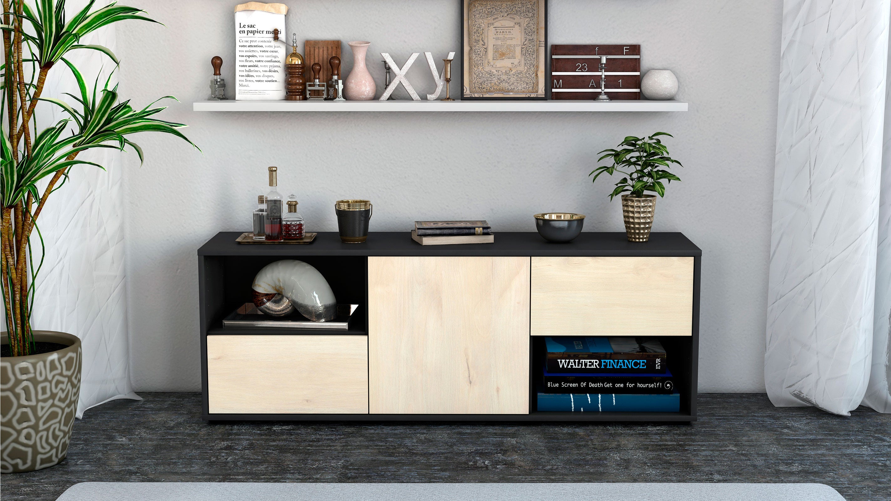 Lowboard - Ambra - Design Holzdekor - Freistehend mit Push to Open 136 cm Anthrazit