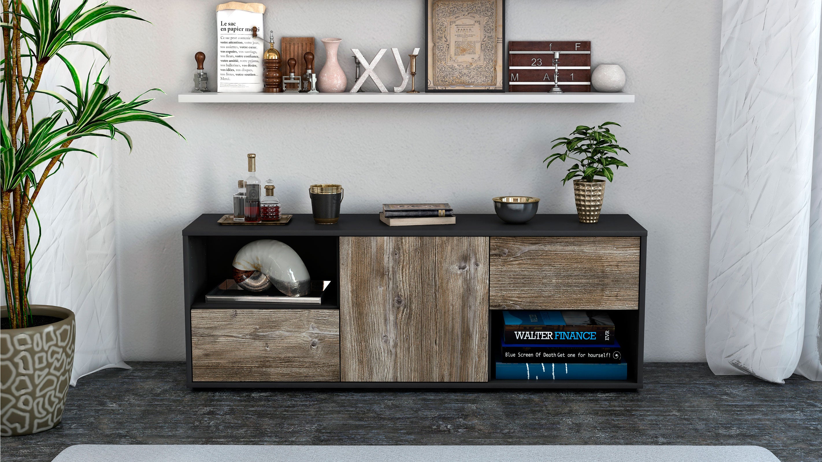 Lowboard - Ambra - Design Holzdekor - Freistehend mit Push to Open 136 cm Anthrazit